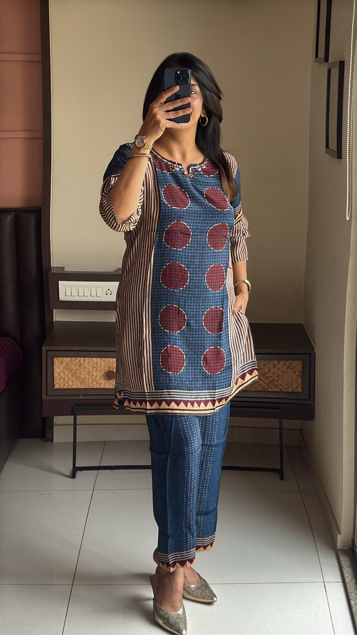 Blue Short Kurti with Palazzo Co-Ord Set | Pearl & Sequin Embroidery | Pure Crepe