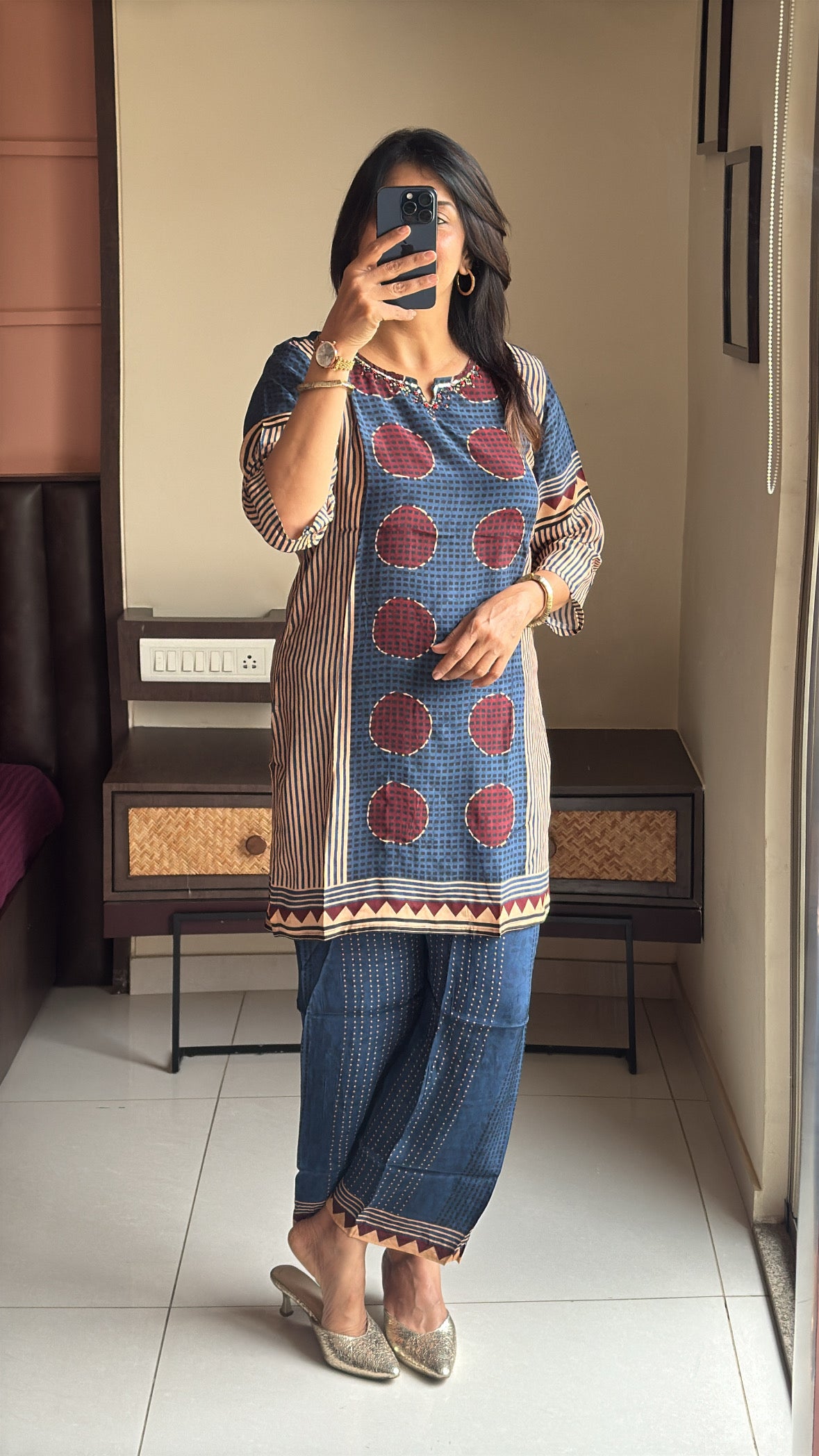 Blue Short Kurti with Palazzo Co-Ord Set | Pearl & Sequin Embroidery | Pure Crepe