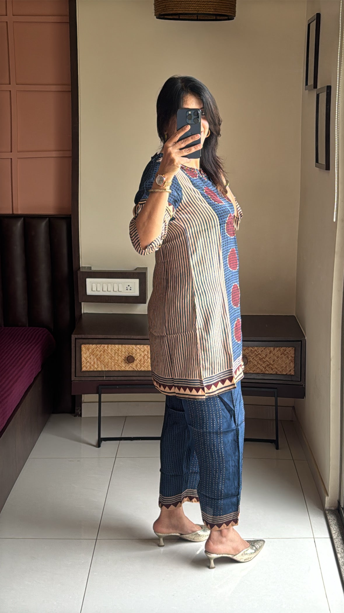 Blue Short Kurti with Palazzo Co-Ord Set | Pearl & Sequin Embroidery | Pure Crepe
