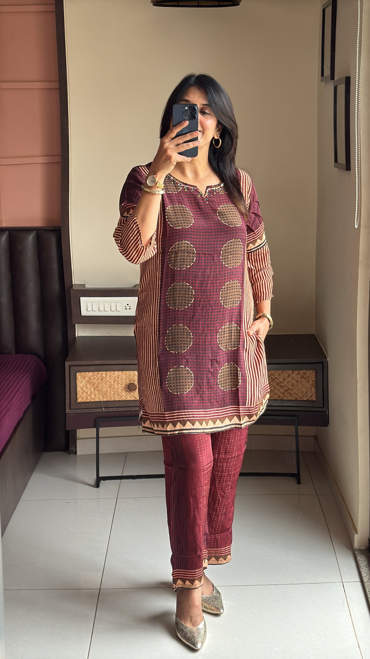 Maroon Short Kurti with Palazzo Co-Ord Set | Pearl & Sequin Embroidery | Pure Crepe