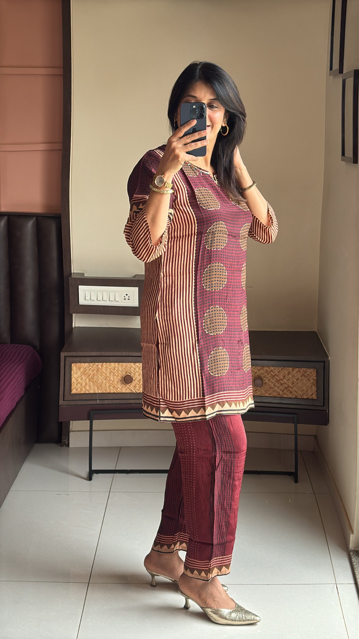 Maroon Short Kurti with Palazzo Co-Ord Set | Pearl & Sequin Embroidery | Pure Crepe