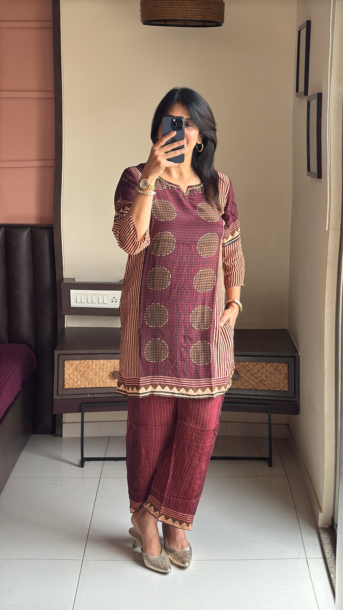 Maroon Short Kurti with Palazzo Co-Ord Set | Pearl & Sequin Embroidery | Pure Crepe
