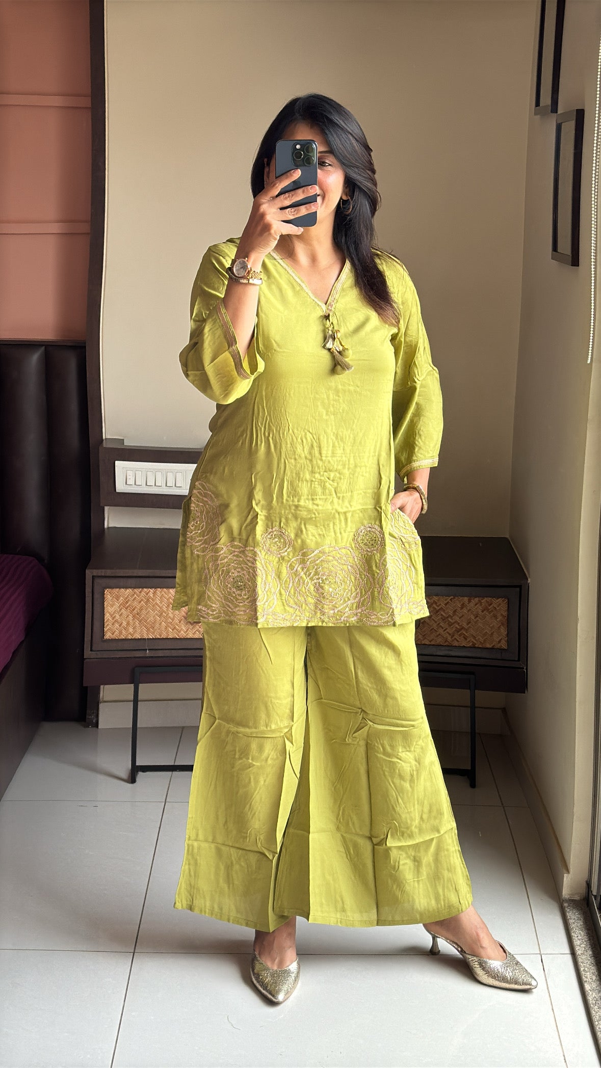 Liril Green Embroidered Top with Palazzo Co-Ord Set | Pure Muslin