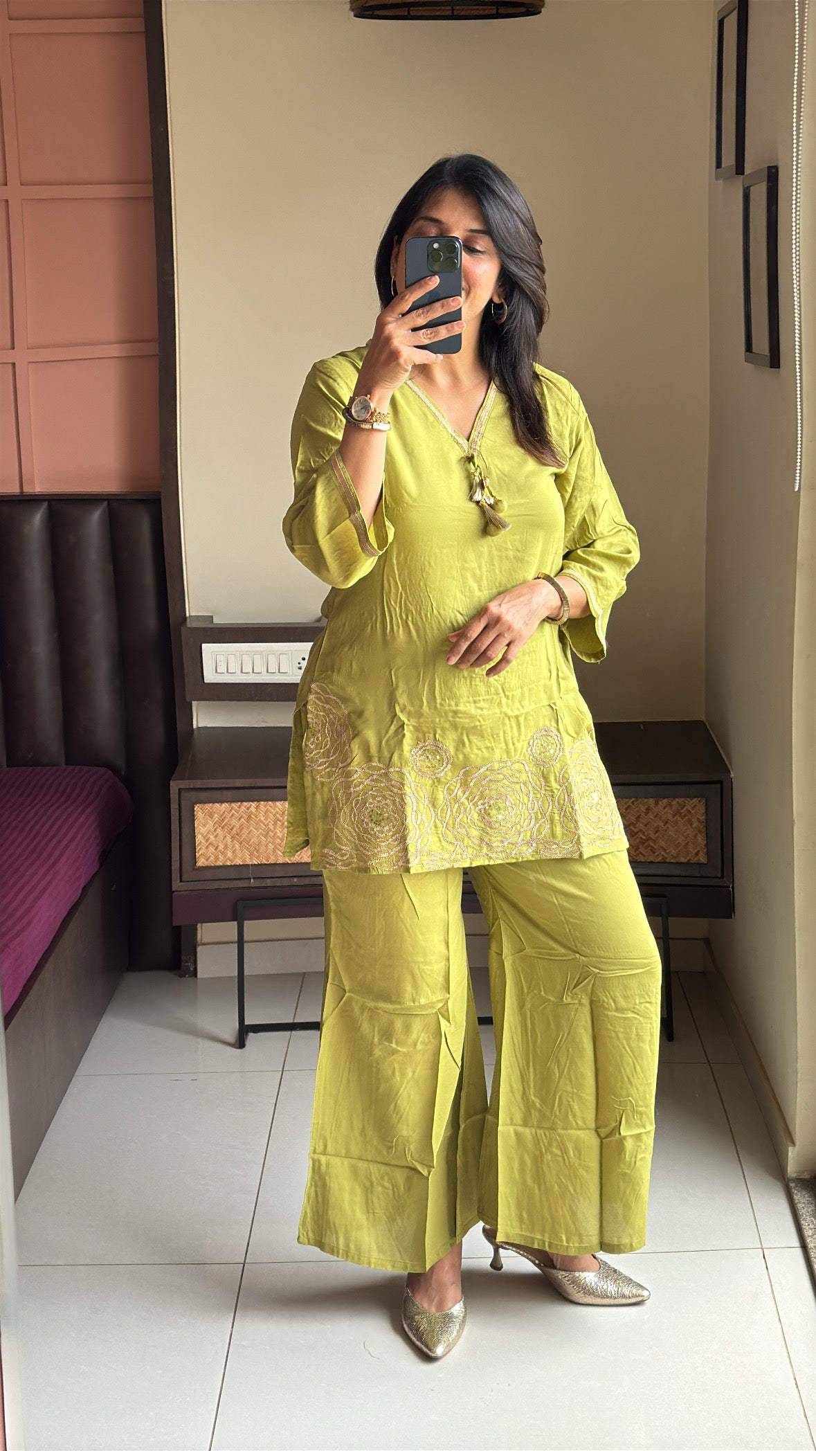 Liril Green Embroidered Top with Palazzo Co-Ord Set | Pure Muslin