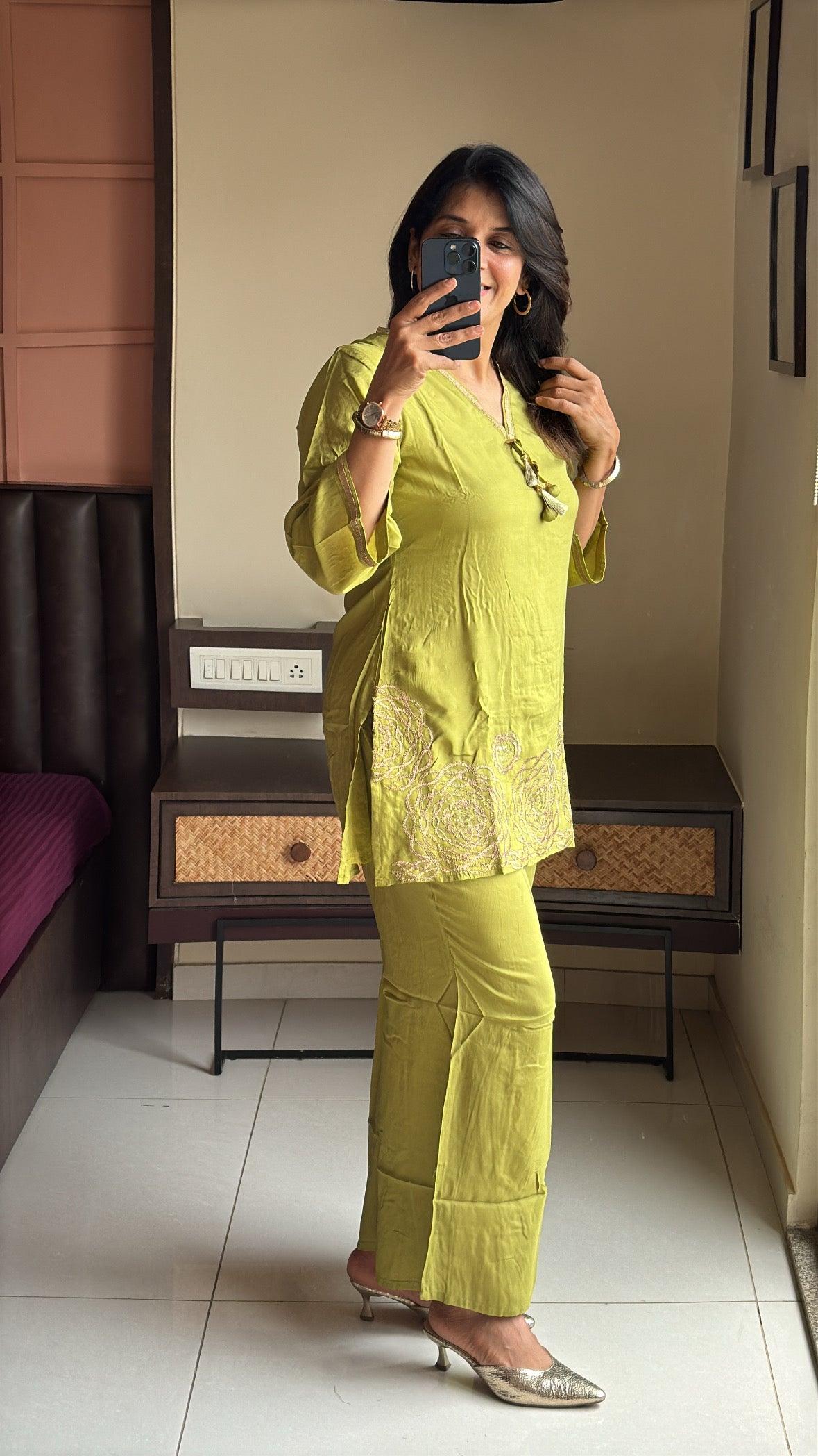Liril Green Embroidered Top with Palazzo Co-Ord Set | Pure Muslin