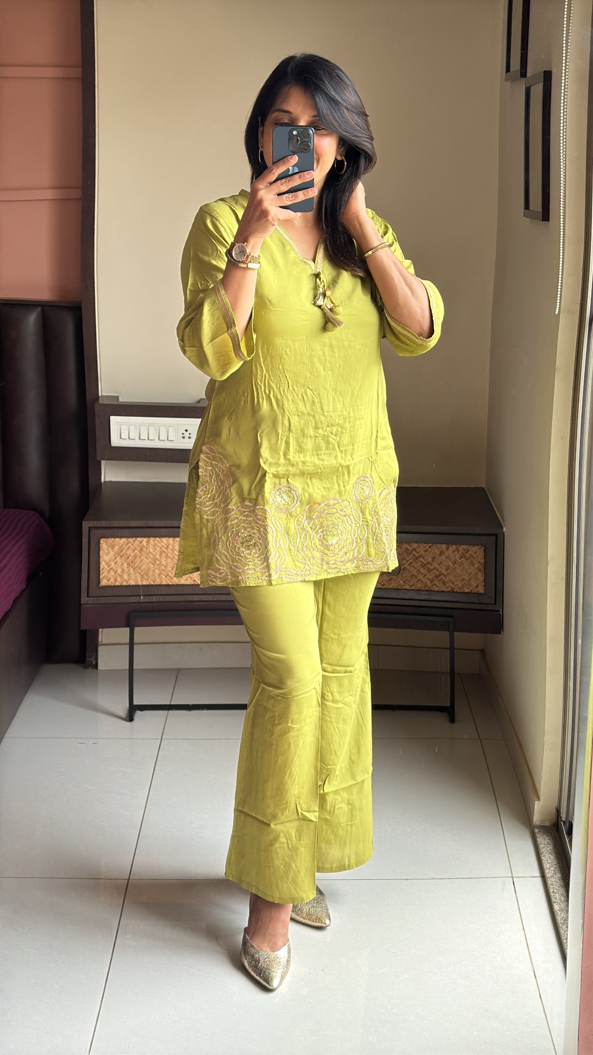 Liril Green Embroidered Top with Palazzo Co-Ord Set | Pure Muslin