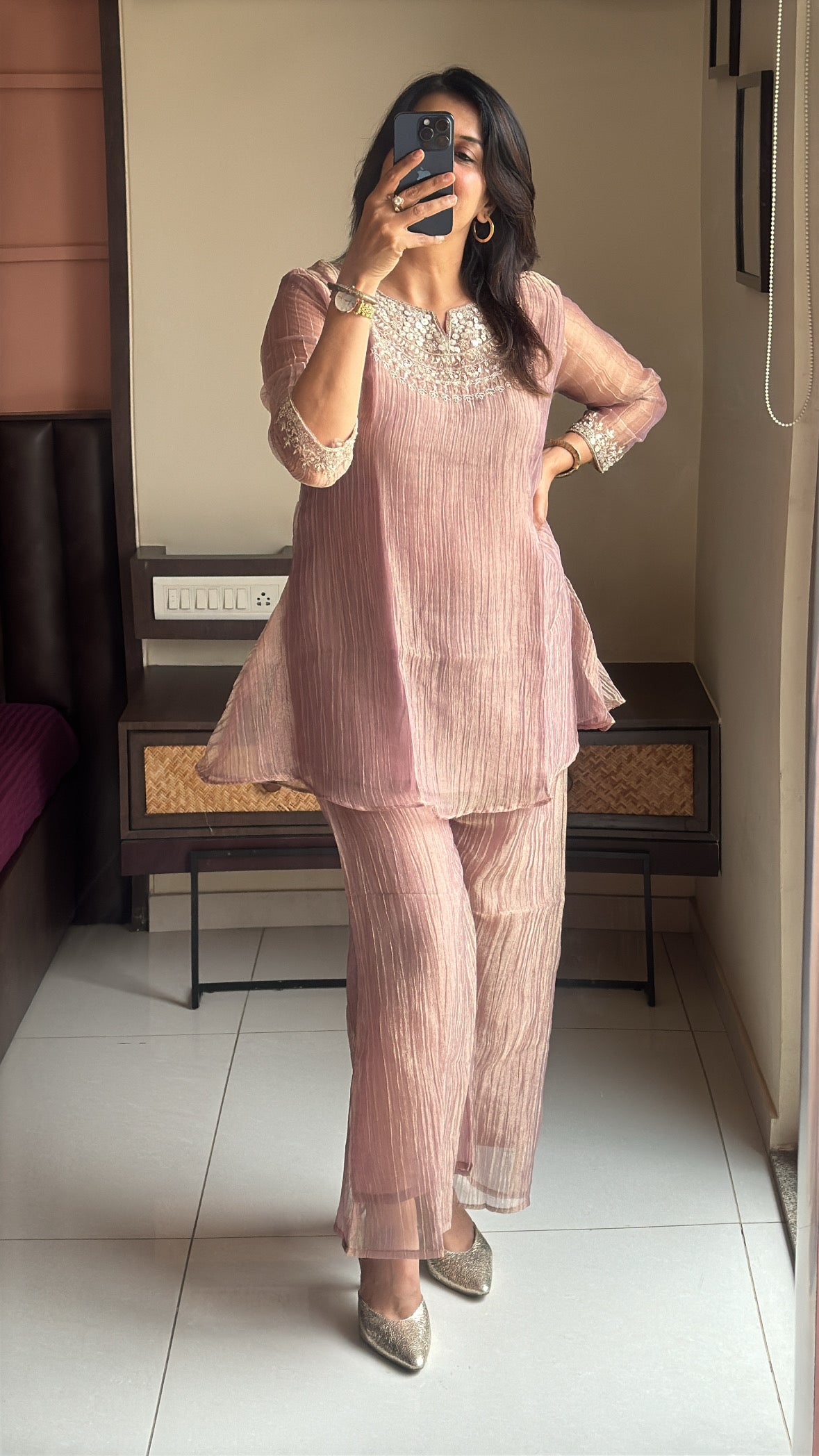 Brownie Embroidered Top with Palazzo Co-Ord Set | Delicate Embroidery | Tissue Silk