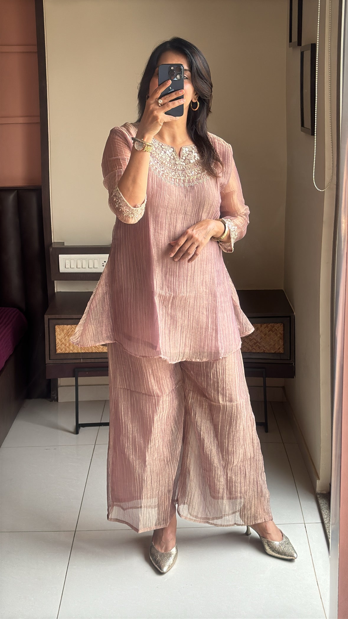 Brownie Embroidered Top with Palazzo Co-Ord Set | Delicate Embroidery | Tissue Silk