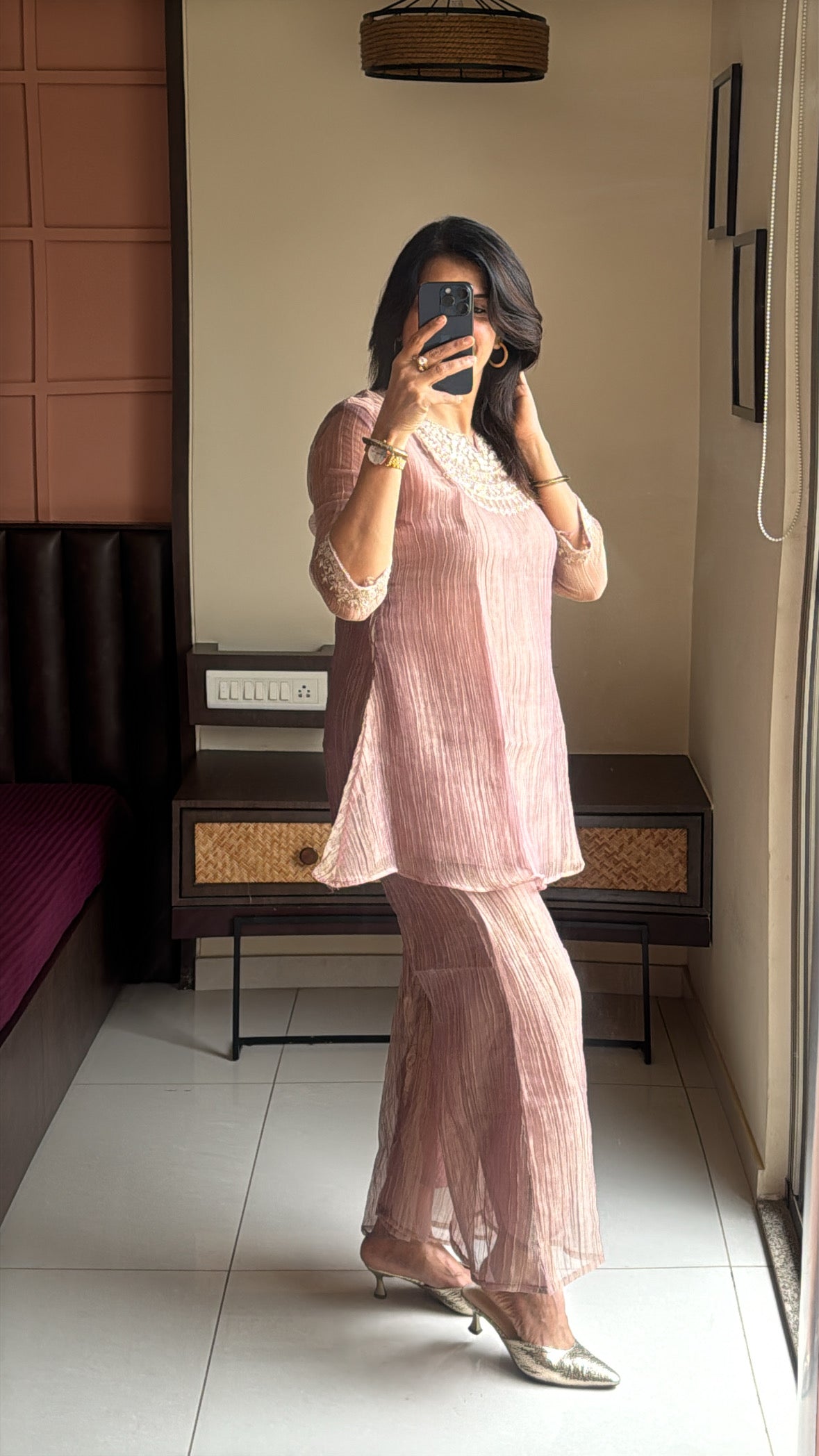 Brownie Embroidered Top with Palazzo Co-Ord Set | Delicate Embroidery | Tissue Silk