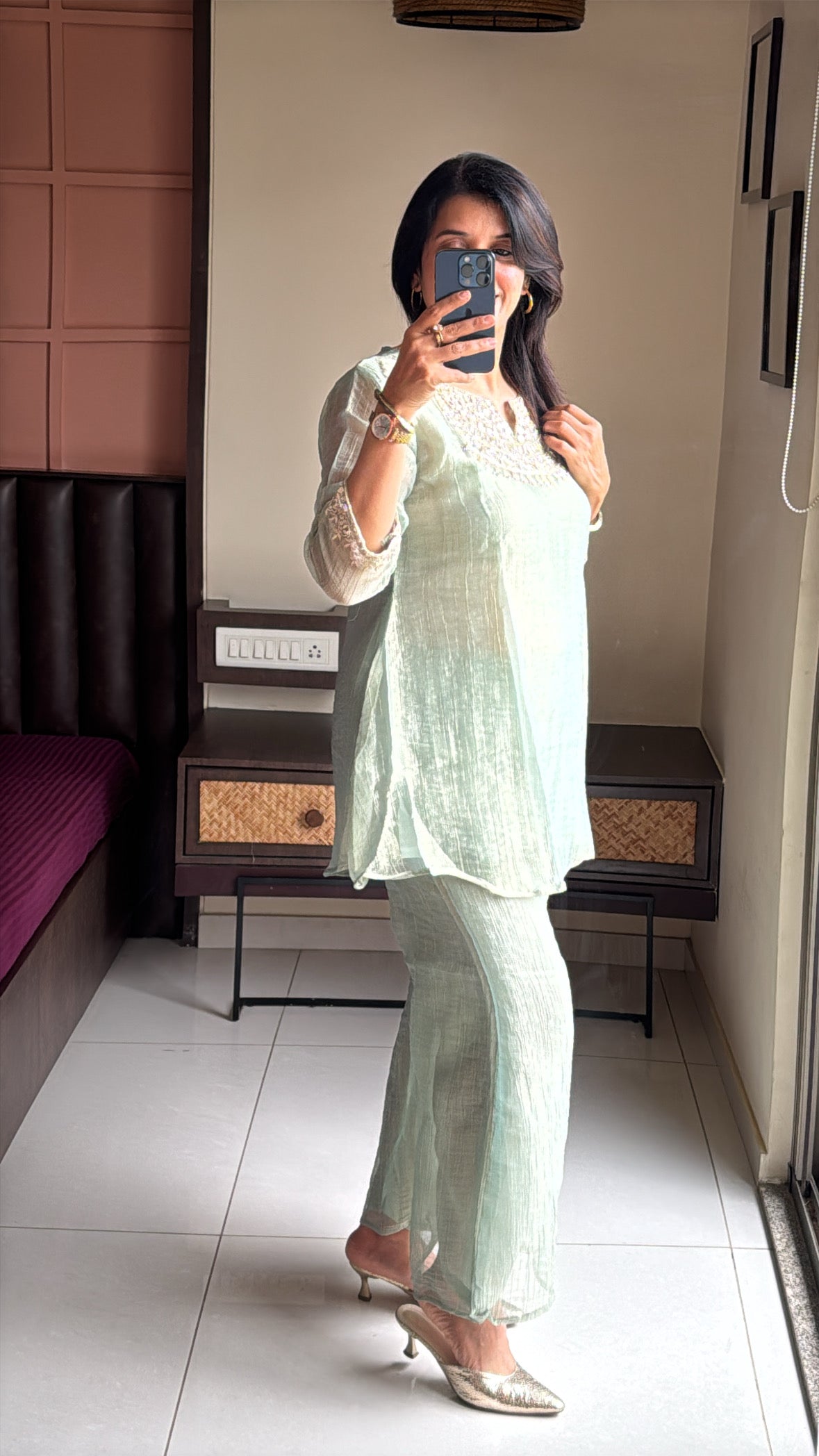 Pistachio Green Embroidered Top with Palazzo Co-Ord Set | Delicate Embroidery | Tissue Silk