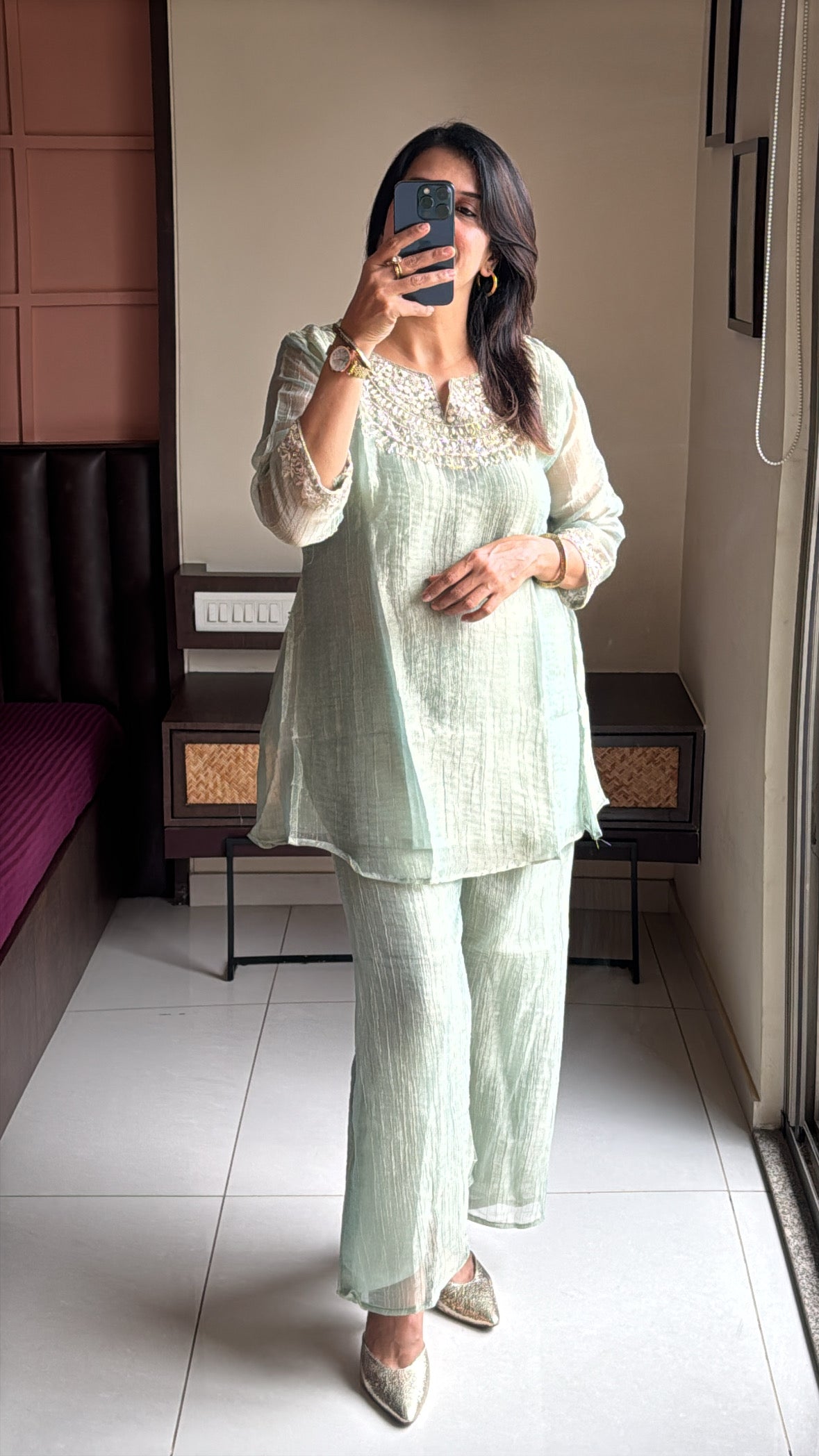 Pistachio Green Embroidered Top with Palazzo Co-Ord Set | Delicate Embroidery | Tissue Silk