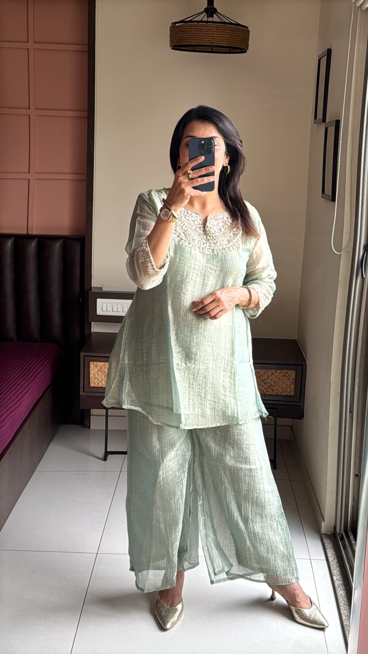 Pistachio Green Embroidered Top with Palazzo Co-Ord Set | Delicate Embroidery | Tissue Silk