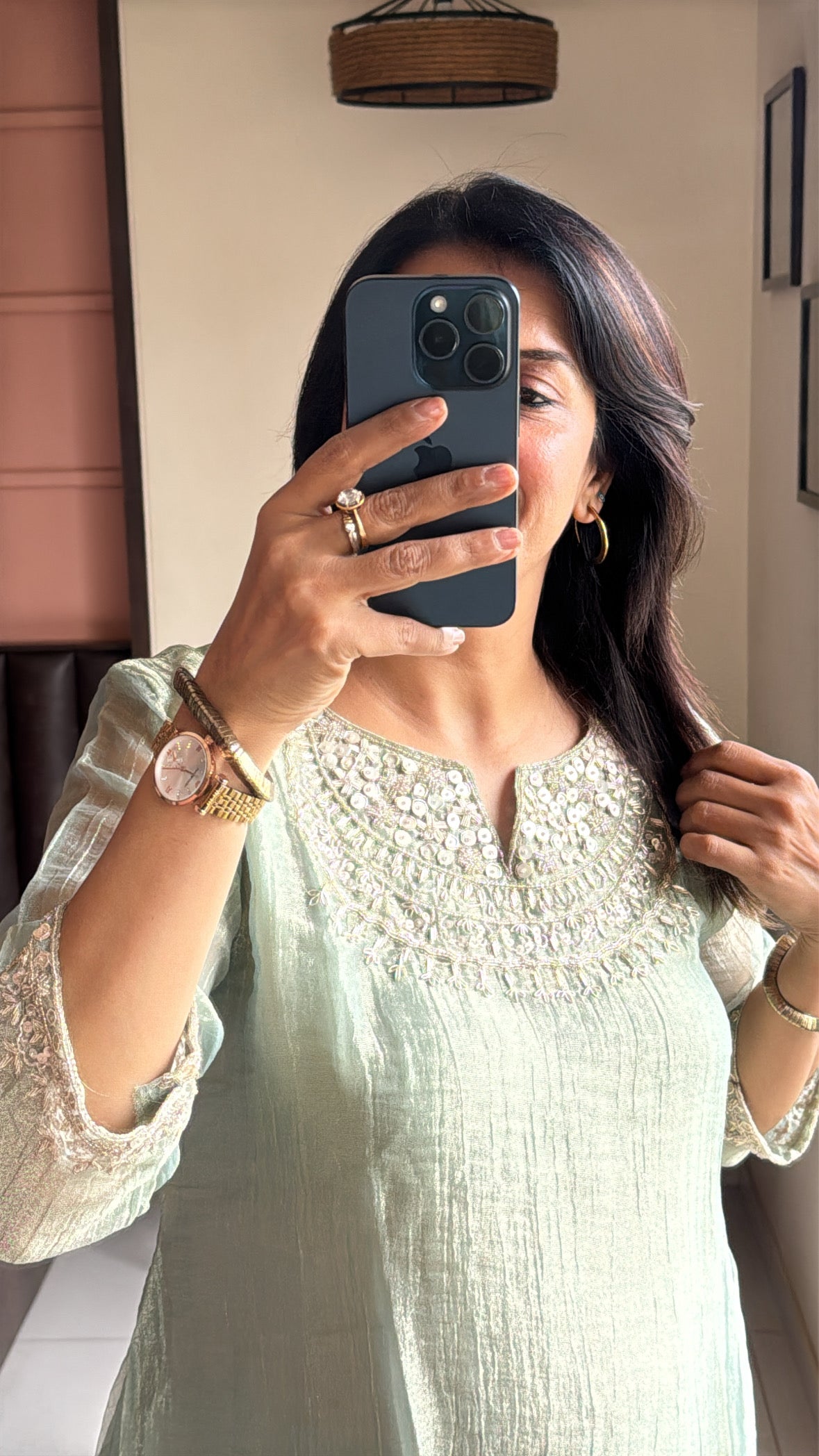 Pistachio Green Embroidered Top with Palazzo Co-Ord Set | Delicate Embroidery | Tissue Silk