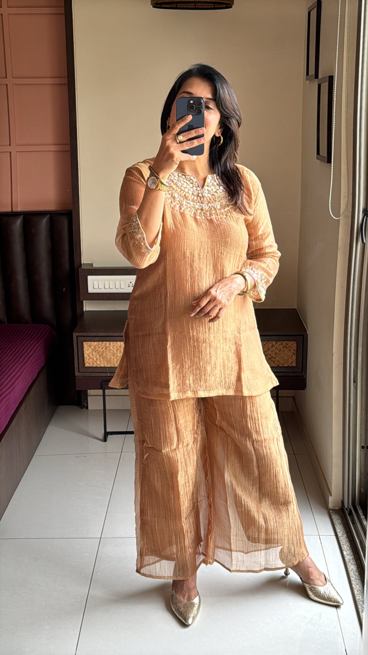 Golden Embroidered Top with Palazzo Co-Ord Set | Delicate Embroidery | Tissue Silk