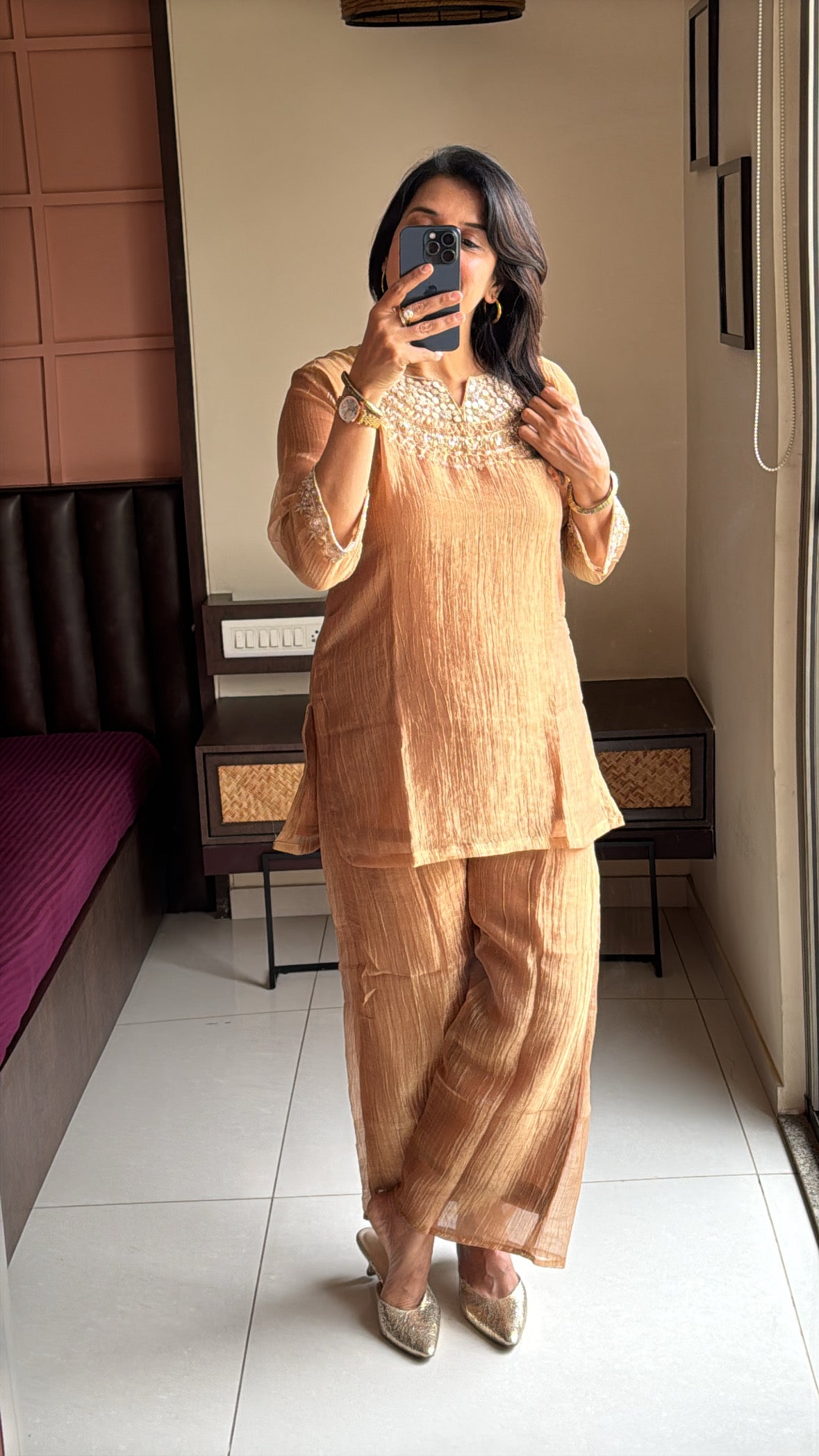 Golden Embroidered Top with Palazzo Co-Ord Set | Delicate Embroidery | Tissue Silk