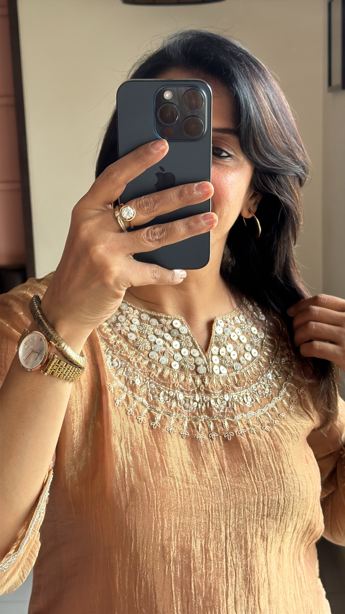 Golden Embroidered Top with Palazzo Co-Ord Set | Delicate Embroidery | Tissue Silk