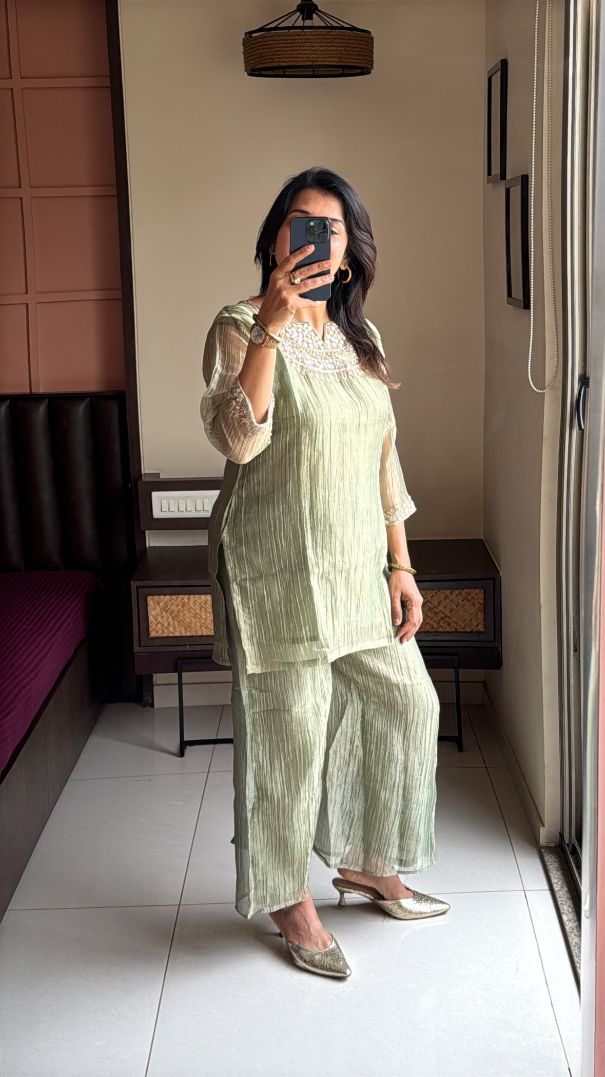 Olive Green Embroidered Top with Palazzo Co-Ord Set | Delicate Embroidery | Tissue Silk