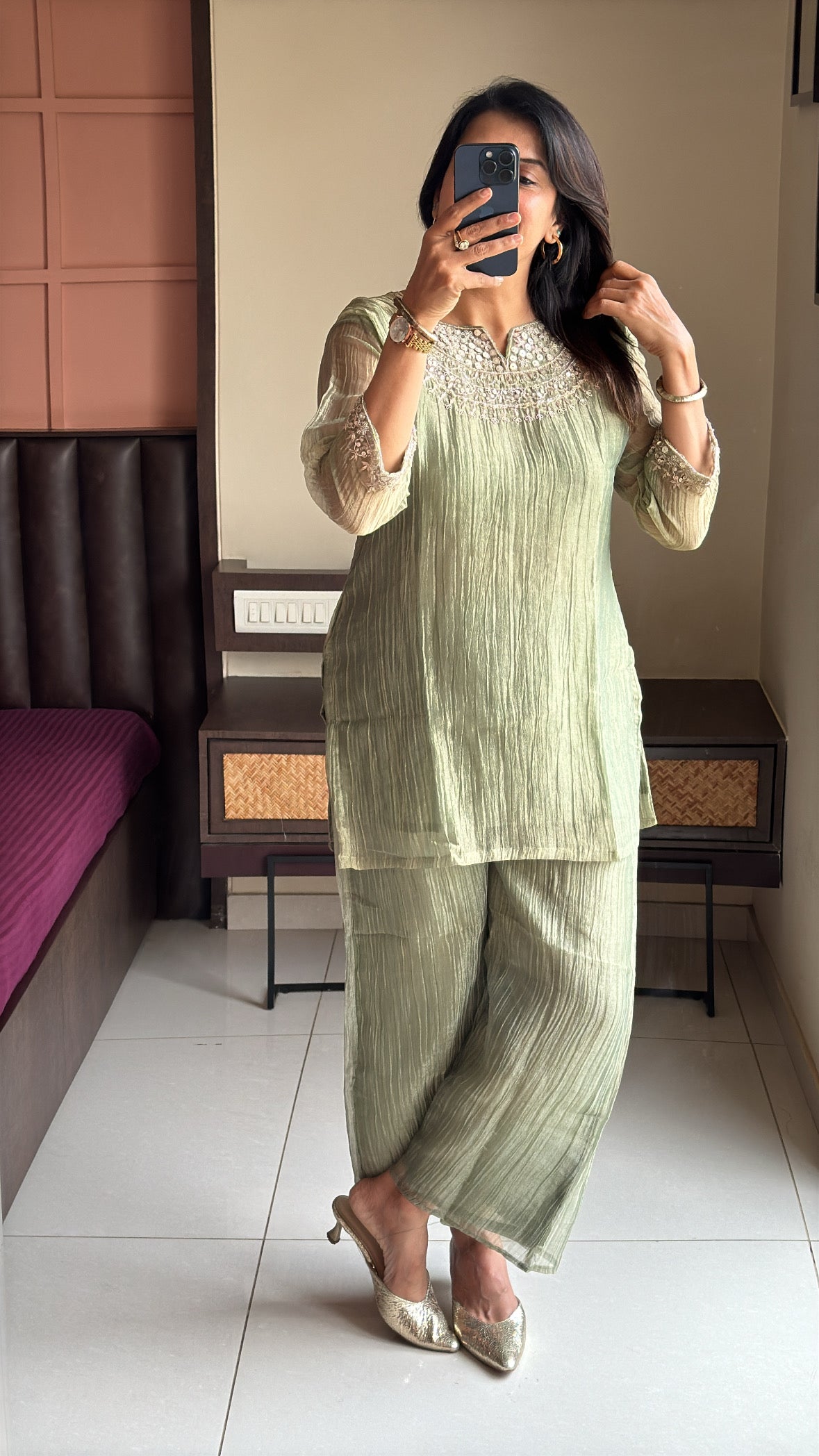 Olive Green Embroidered Top with Palazzo Co-Ord Set | Delicate Embroidery | Tissue Silk