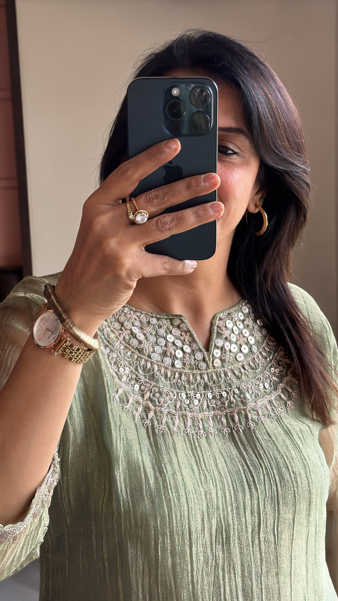 Olive Green Embroidered Top with Palazzo Co-Ord Set | Delicate Embroidery | Tissue Silk