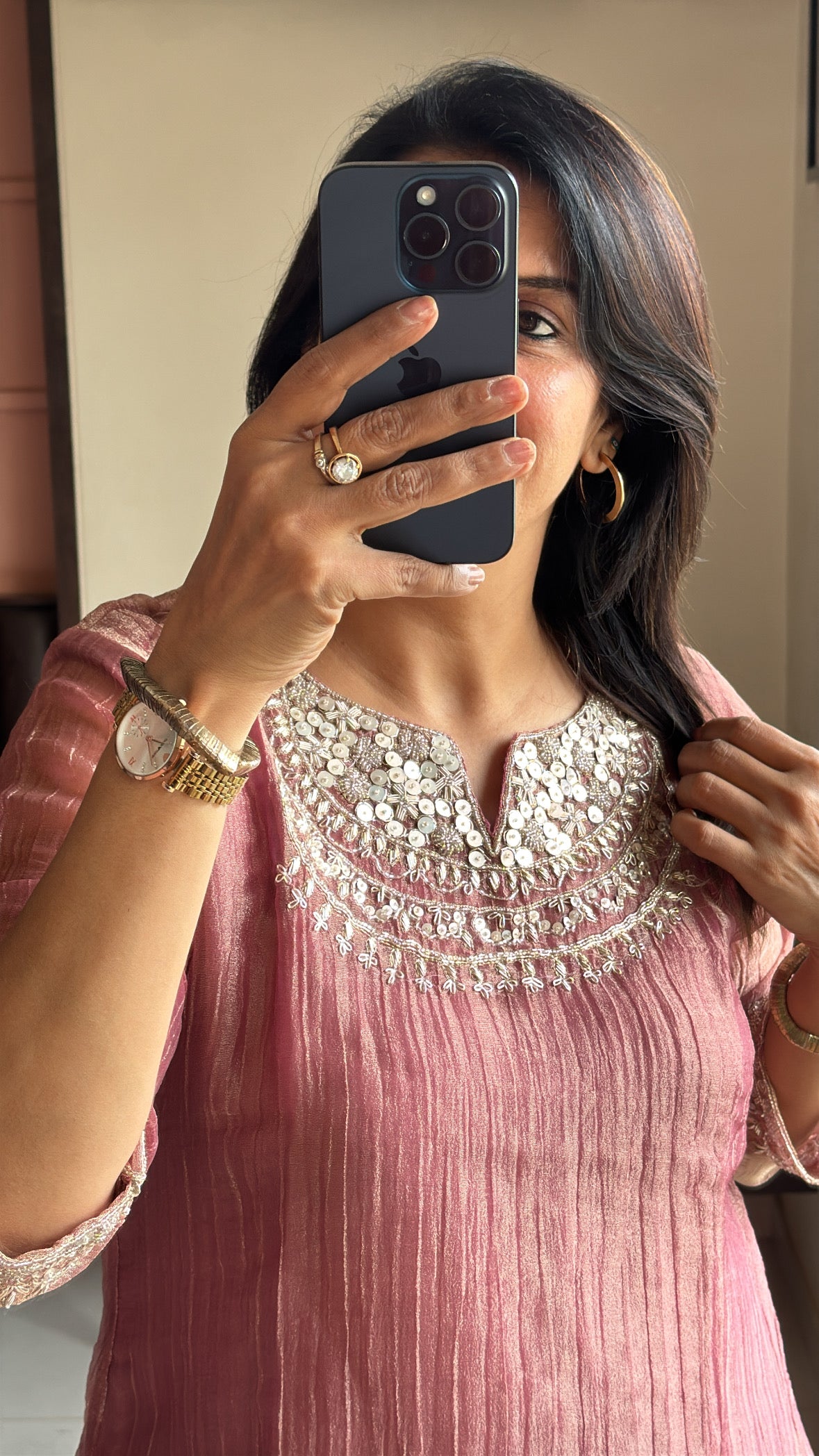 Blush Pink Embroidered Top with Palazzo Co-Ord Set | Delicate Embroidery | Tissue Silk