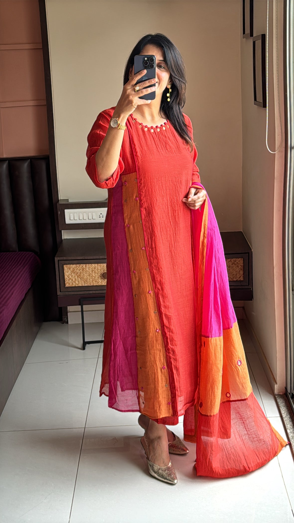 Rust Multi-Coloured A-Line Kurta Pant Dupatta Set | Thread & Coin Detailing | Pure Mul Chanderi