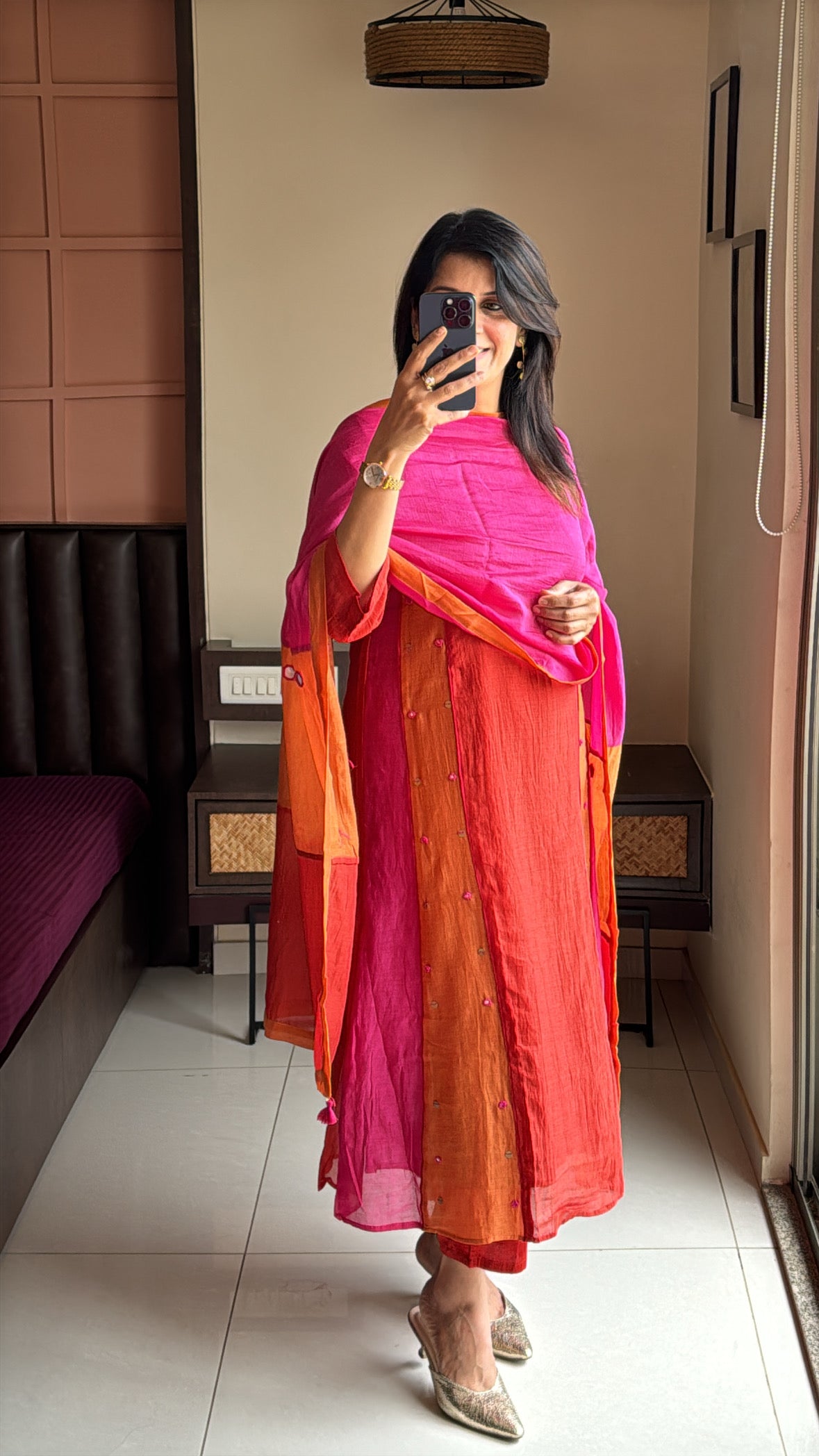 Rust Multi-Coloured A-Line Kurta Pant Dupatta Set | Thread & Coin Detailing | Pure Mul Chanderi