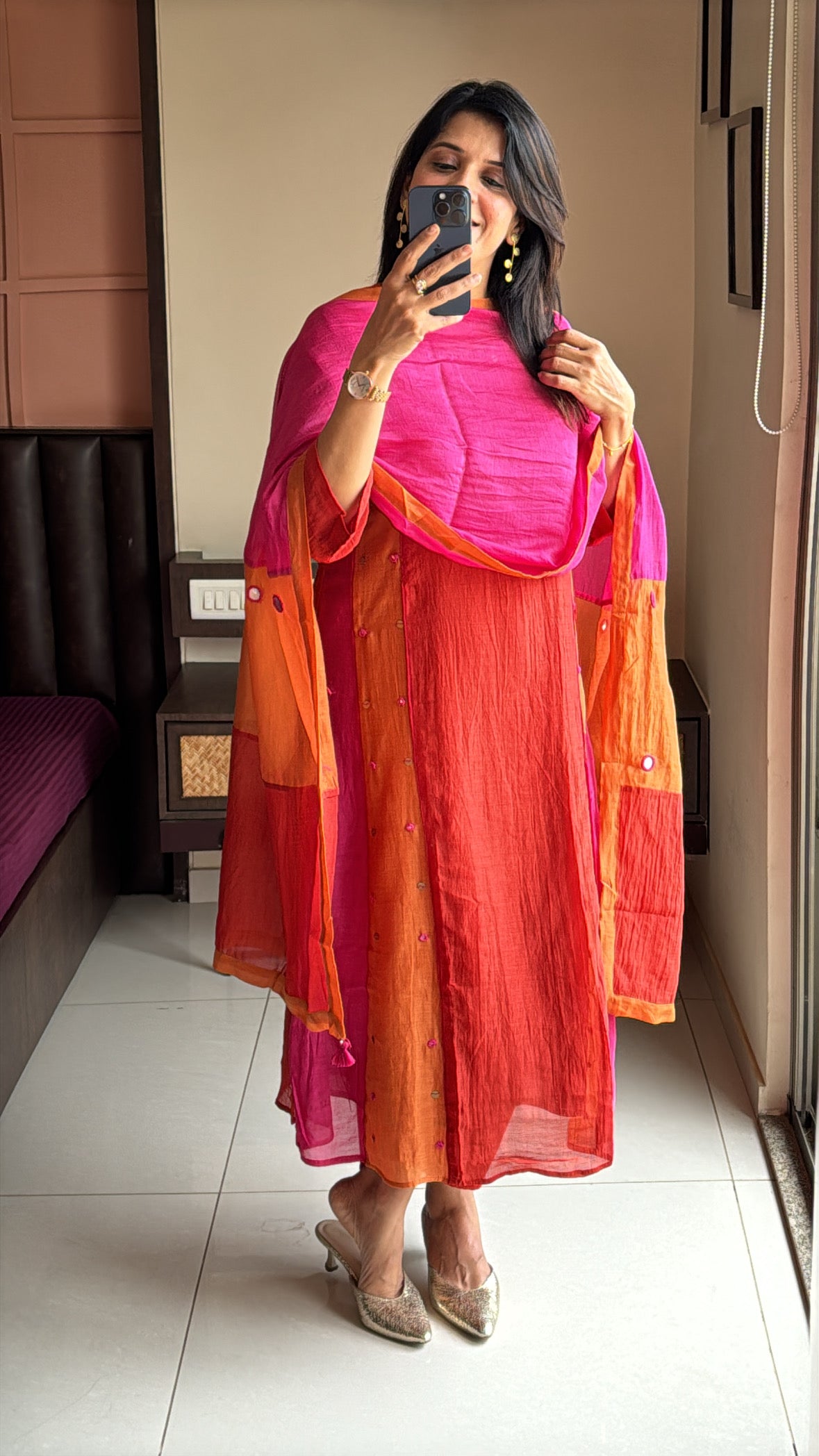 Rust Multi-Coloured A-Line Kurta Pant Dupatta Set | Thread & Coin Detailing | Pure Mul Chanderi