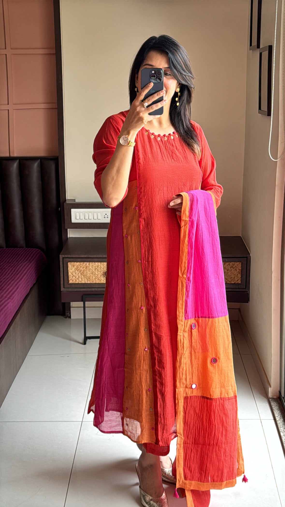 Rust Multi-Coloured A-Line Kurta Pant Dupatta Set | Thread & Coin Detailing | Pure Mul Chanderi