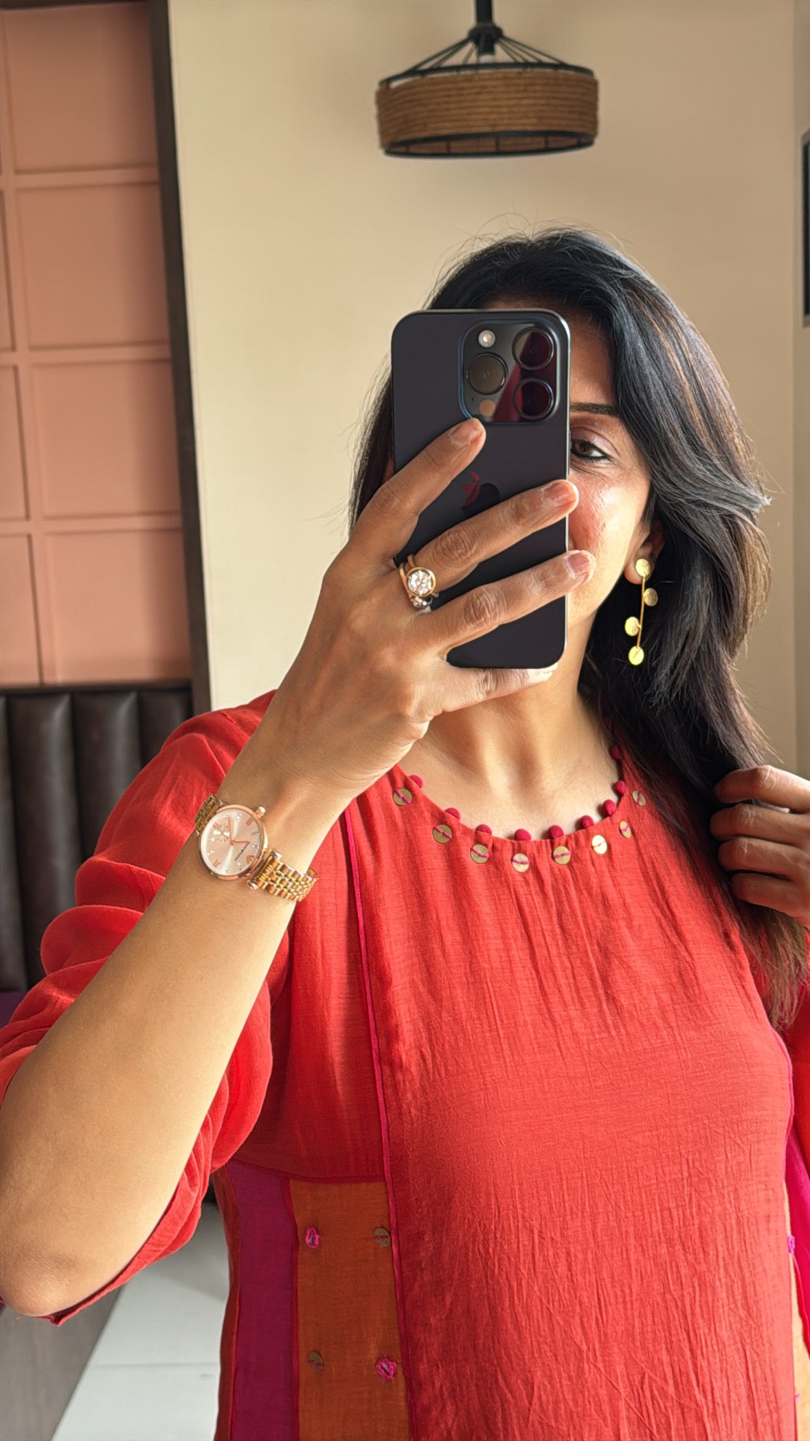 Rust Multi-Coloured A-Line Kurta Pant Dupatta Set | Thread & Coin Detailing | Pure Mul Chanderi