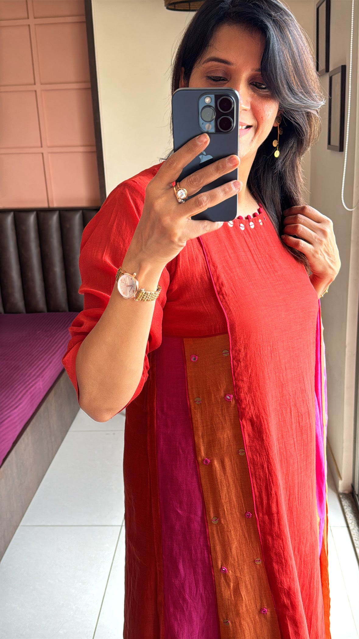 Rust Multi-Coloured A-Line Kurta Pant Dupatta Set | Thread & Coin Detailing | Pure Mul Chanderi