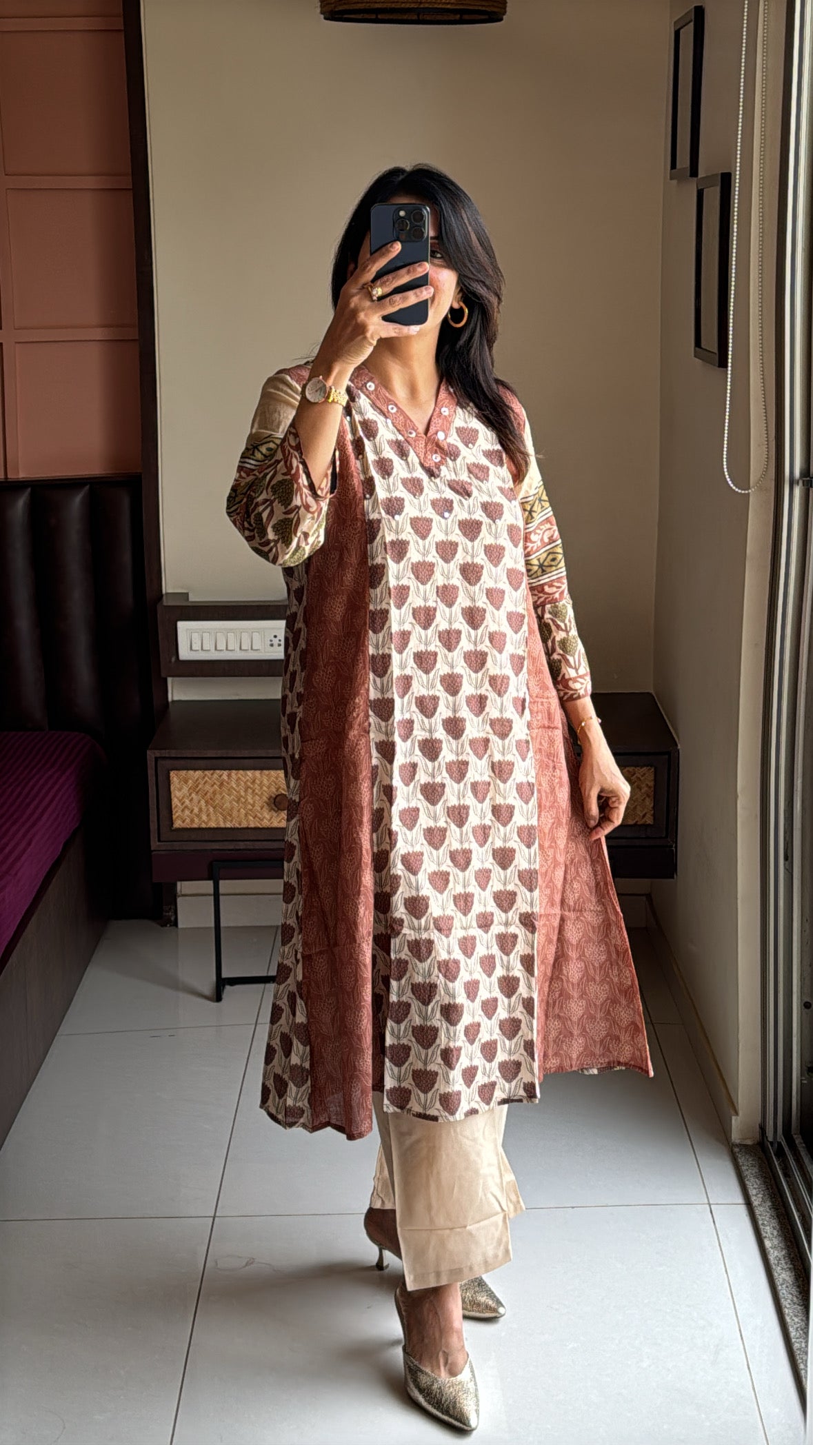 Dusty brown & Beige Kurta with Detachable Inner Palazzo Set | Sanganeri Block Print | Pure Banarasi Mul Chanderi