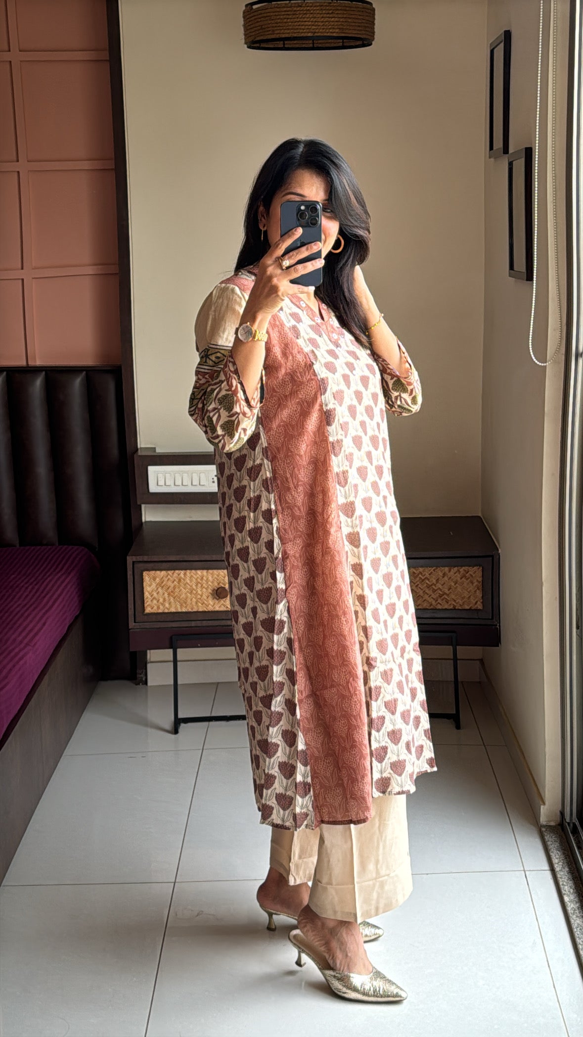 Dusty brown & Beige Kurta with Detachable Inner Palazzo Set | Sanganeri Block Print | Pure Banarasi Mul Chanderi