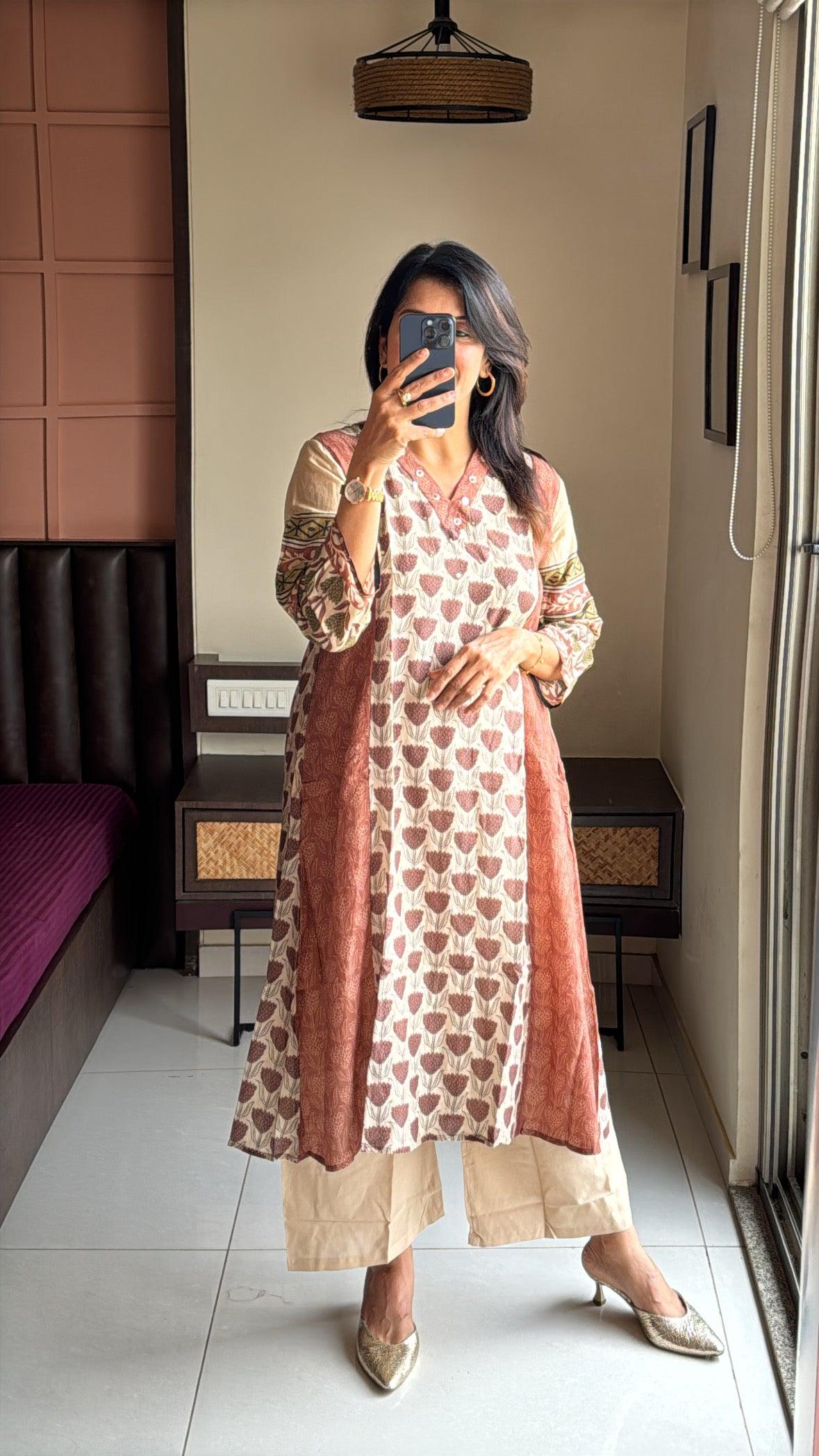 Dusty brown & Beige Kurta with Detachable Inner Palazzo Set | Sanganeri Block Print | Pure Banarasi Mul Chanderi