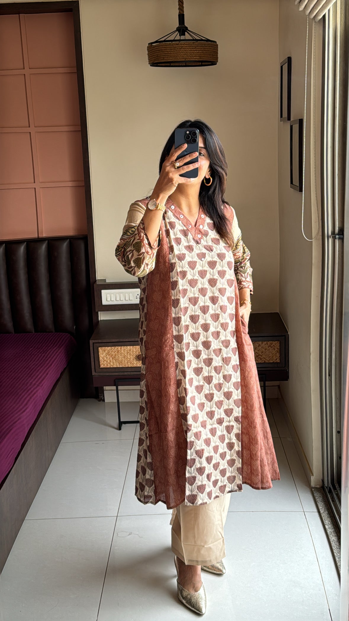 Dusty brown & Beige Kurta with Detachable Inner Palazzo Set | Sanganeri Block Print | Pure Banarasi Mul Chanderi