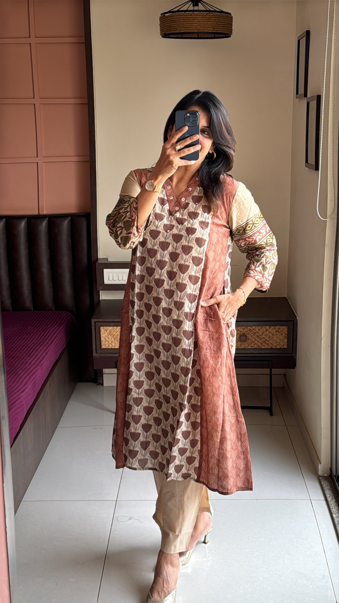 Dusty brown & Beige Kurta with Detachable Inner Palazzo Set | Sanganeri Block Print | Pure Banarasi Mul Chanderi