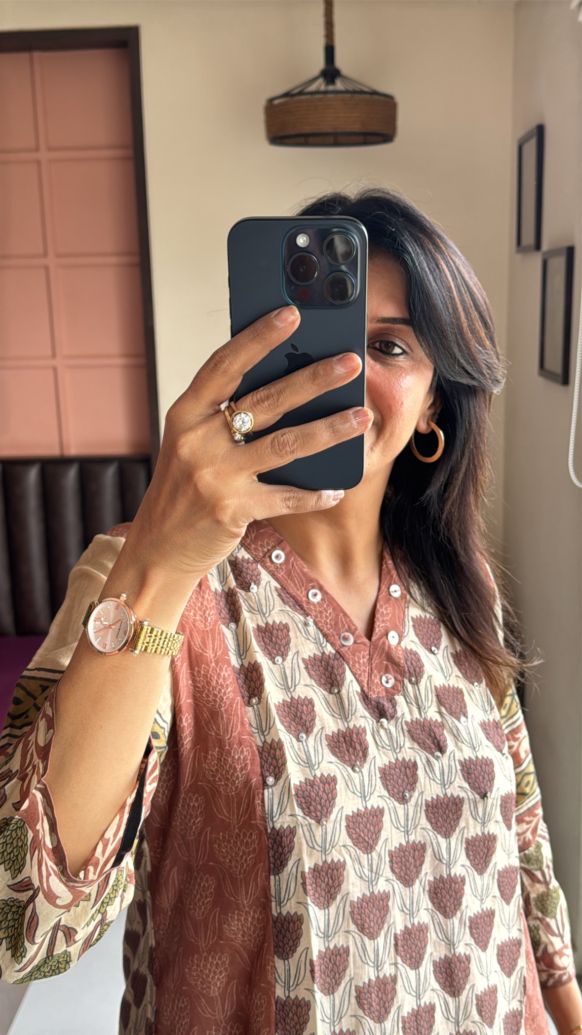 Dusty brown & Beige Kurta with Detachable Inner Palazzo Set | Sanganeri Block Print | Pure Banarasi Mul Chanderi