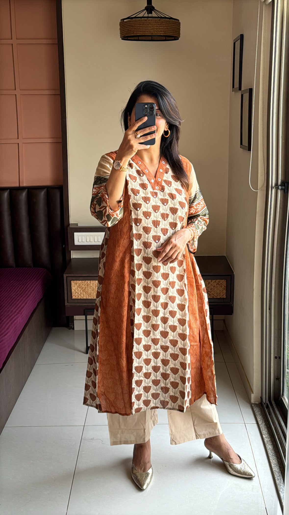 Rust & Beige Kurta with Detachable Inner Palazzo Set | Sanganeri Block Print | Pure Banarasi Mul Chanderi