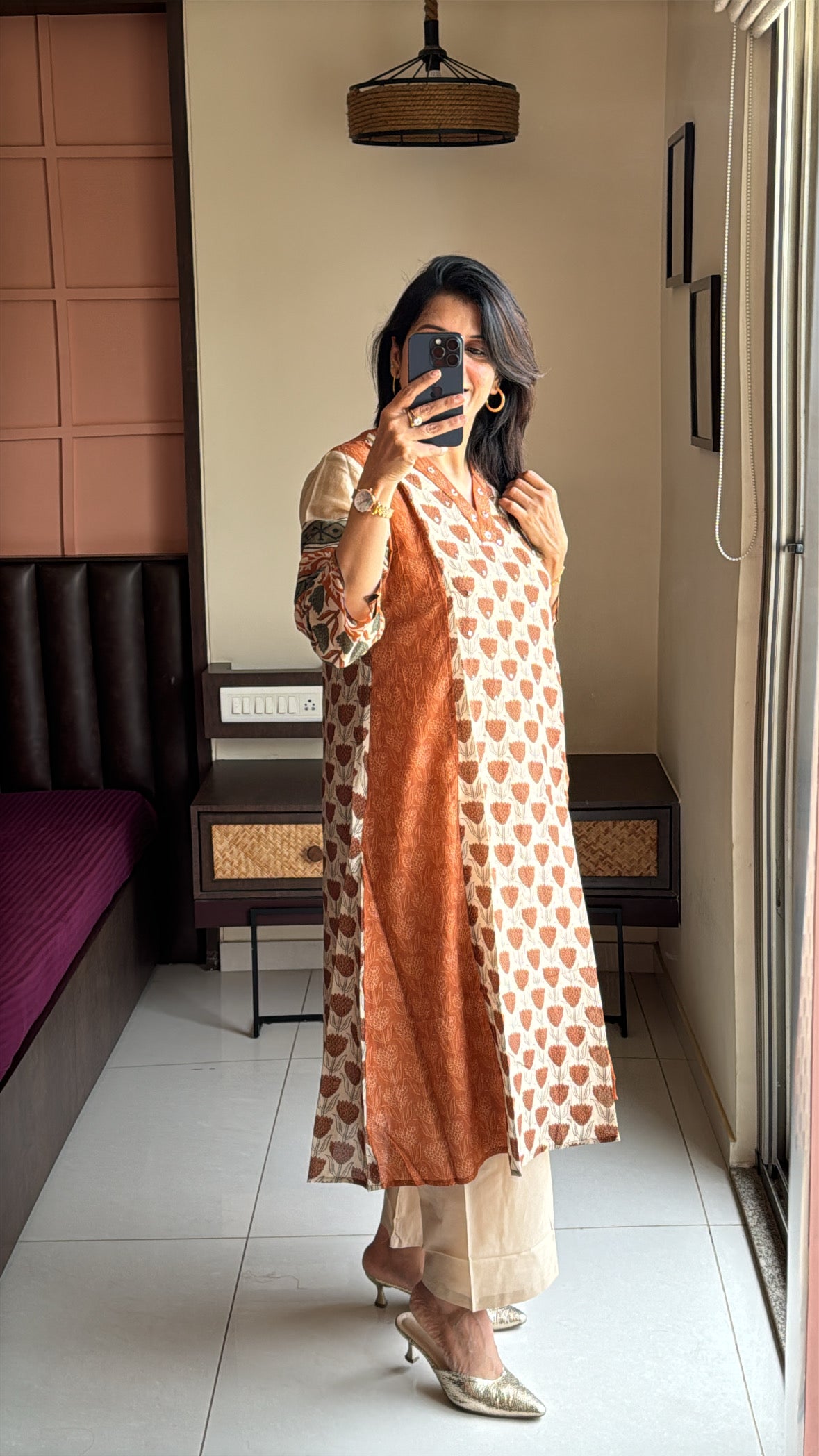 Rust & Beige Kurta with Detachable Inner Palazzo Set | Sanganeri Block Print | Pure Banarasi Mul Chanderi