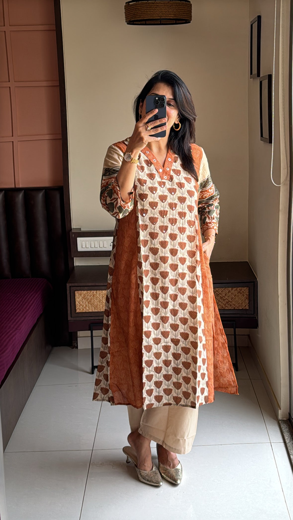 Rust & Beige Kurta with Detachable Inner Palazzo Set | Sanganeri Block Print | Pure Banarasi Mul Chanderi