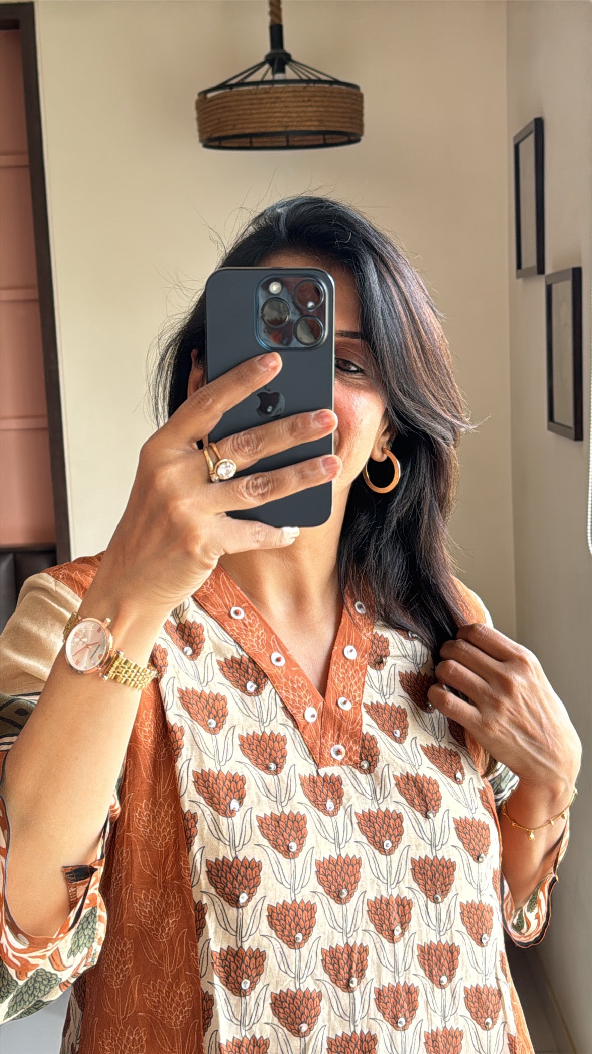 Rust & Beige Kurta with Detachable Inner Palazzo Set | Sanganeri Block Print | Pure Banarasi Mul Chanderi