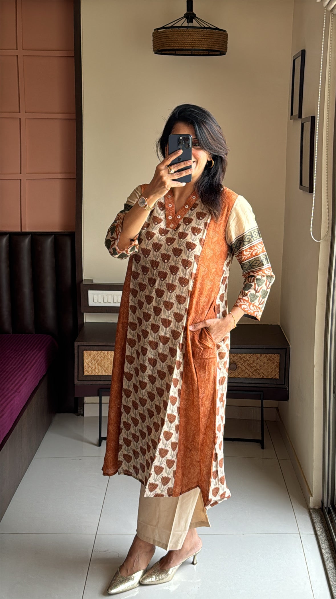 Rust & Beige Kurta with Detachable Inner Palazzo Set | Sanganeri Block Print | Pure Banarasi Mul Chanderi