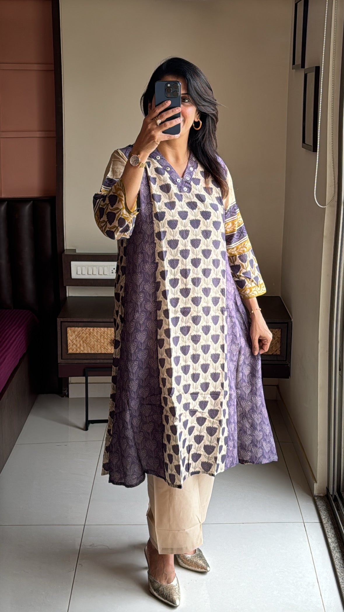 Purple & Beige Kurta with Detachable Inner Palazzo Set | Sanganeri Block Print | Pure Banarasi Mul Chanderi