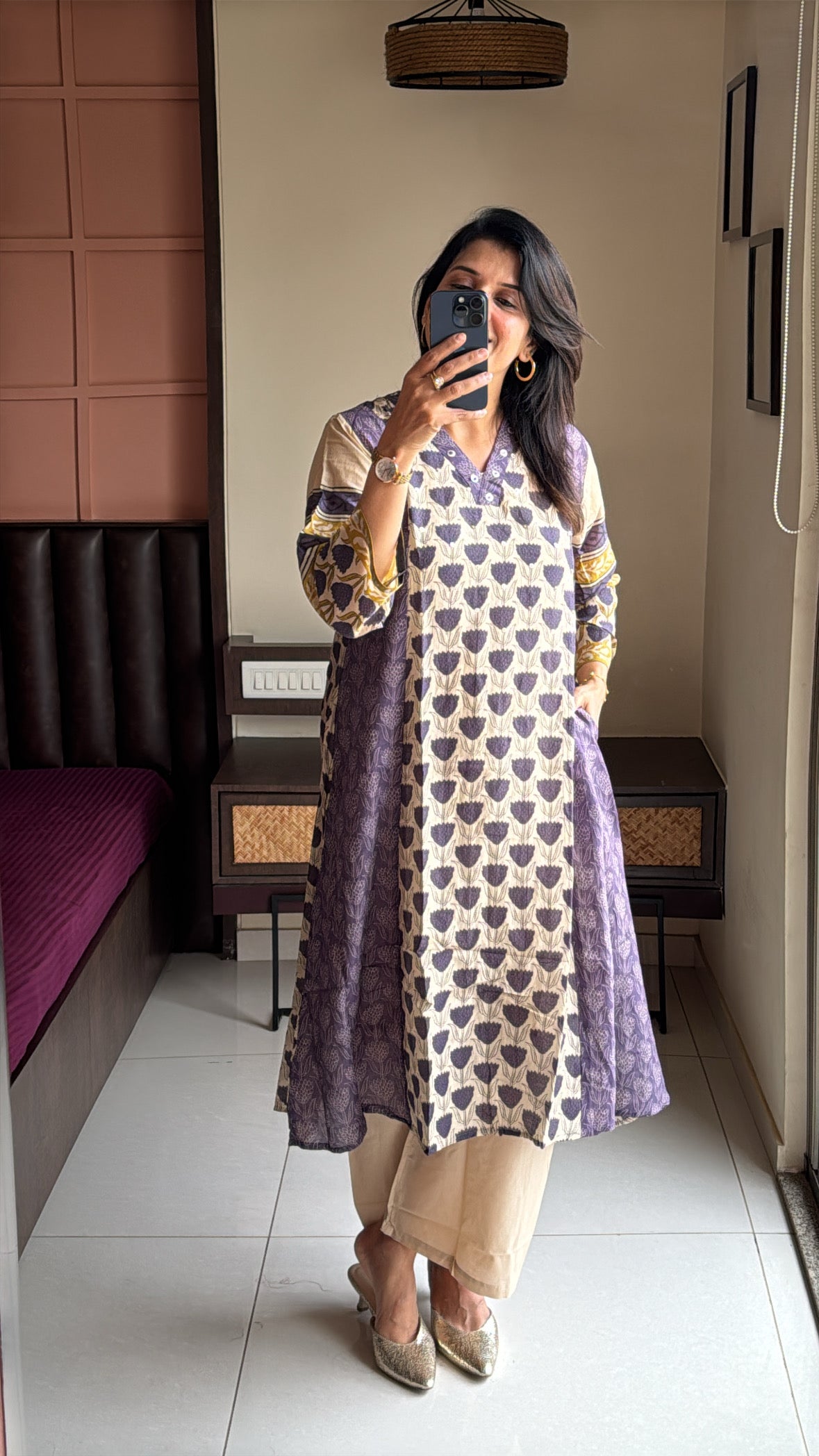 Purple & Beige Kurta with Detachable Inner Palazzo Set | Sanganeri Block Print | Pure Banarasi Mul Chanderi