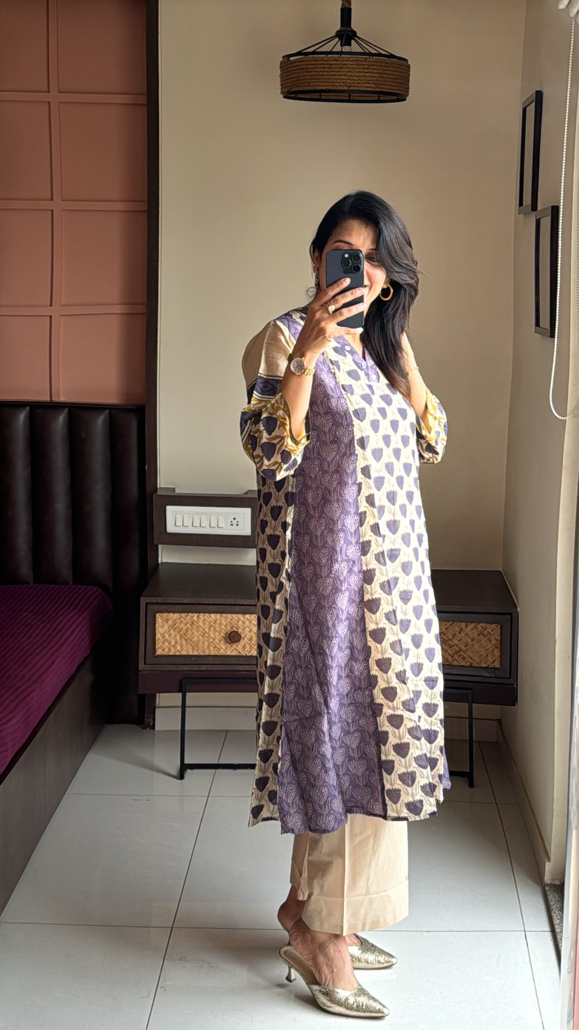 Purple & Beige Kurta with Detachable Inner Palazzo Set | Sanganeri Block Print | Pure Banarasi Mul Chanderi