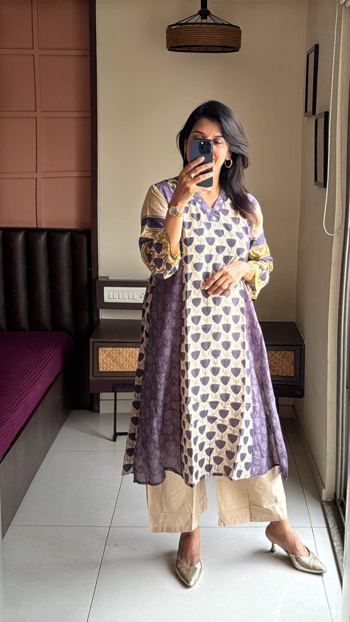 Purple & Beige Kurta with Detachable Inner Palazzo Set | Sanganeri Block Print | Pure Banarasi Mul Chanderi