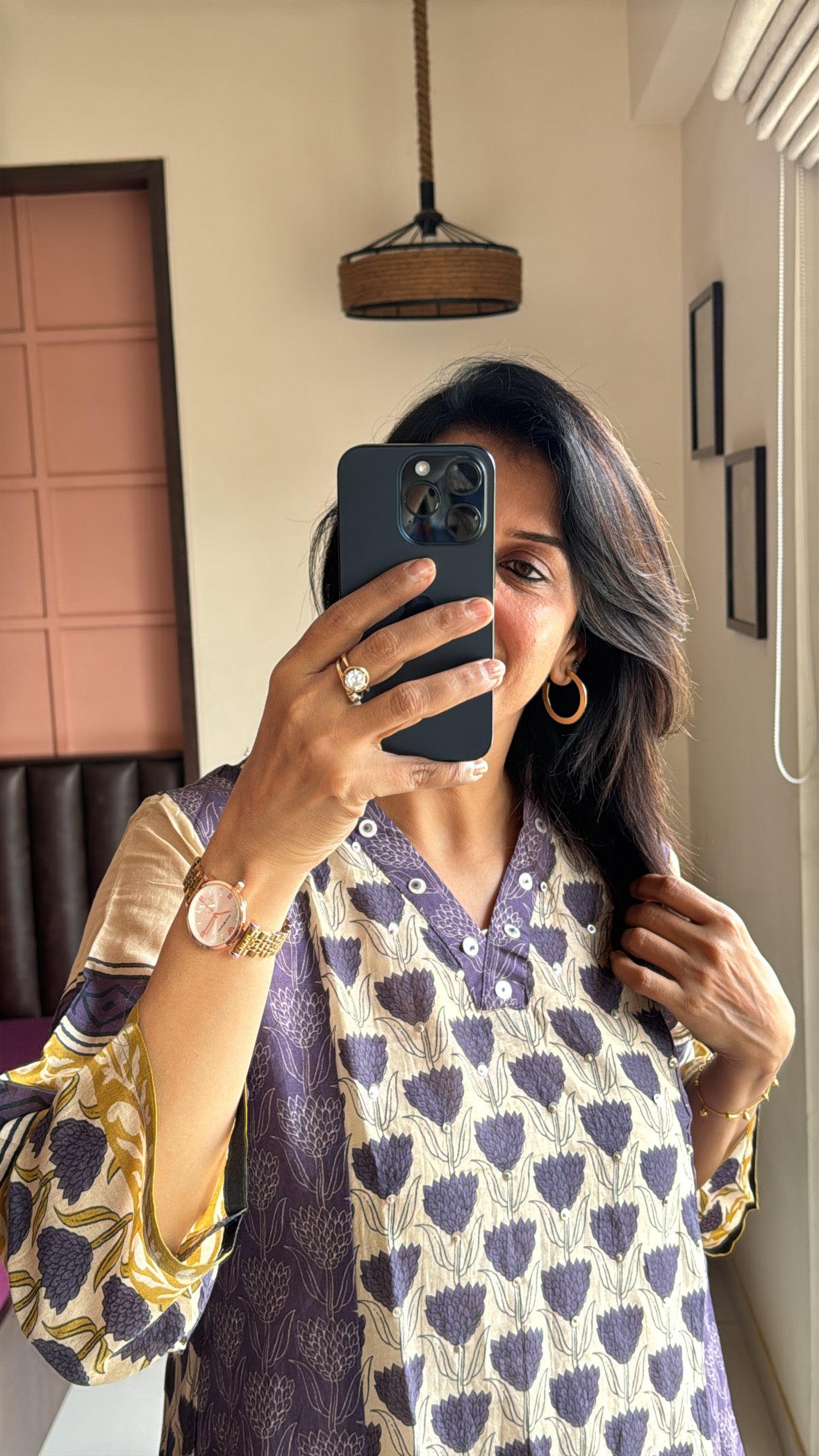 Purple & Beige Kurta with Detachable Inner Palazzo Set | Sanganeri Block Print | Pure Banarasi Mul Chanderi