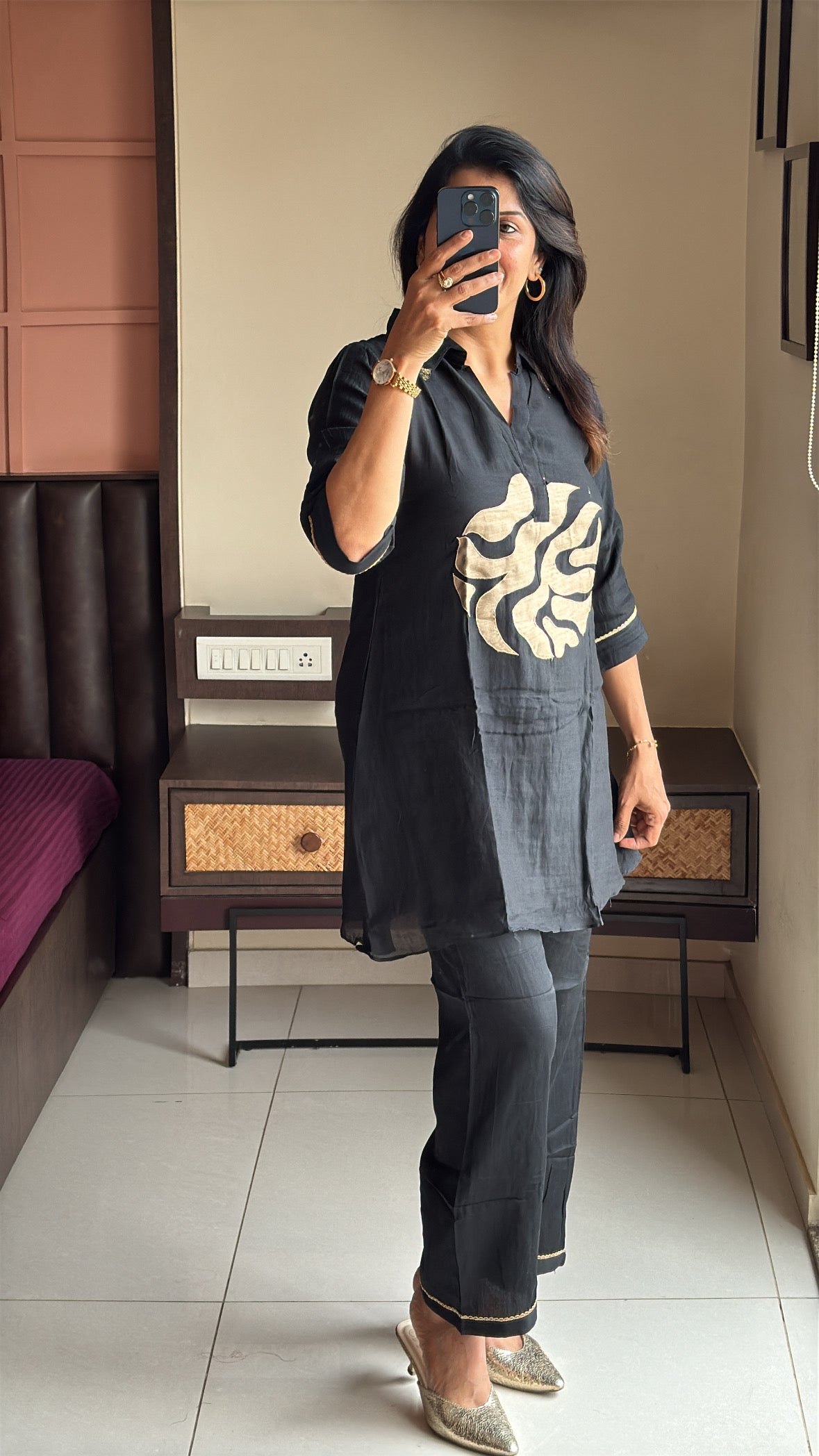 Black Collared Top with Pant Co-Ord Set | Appliqué Work | Soft Mul Chanderi