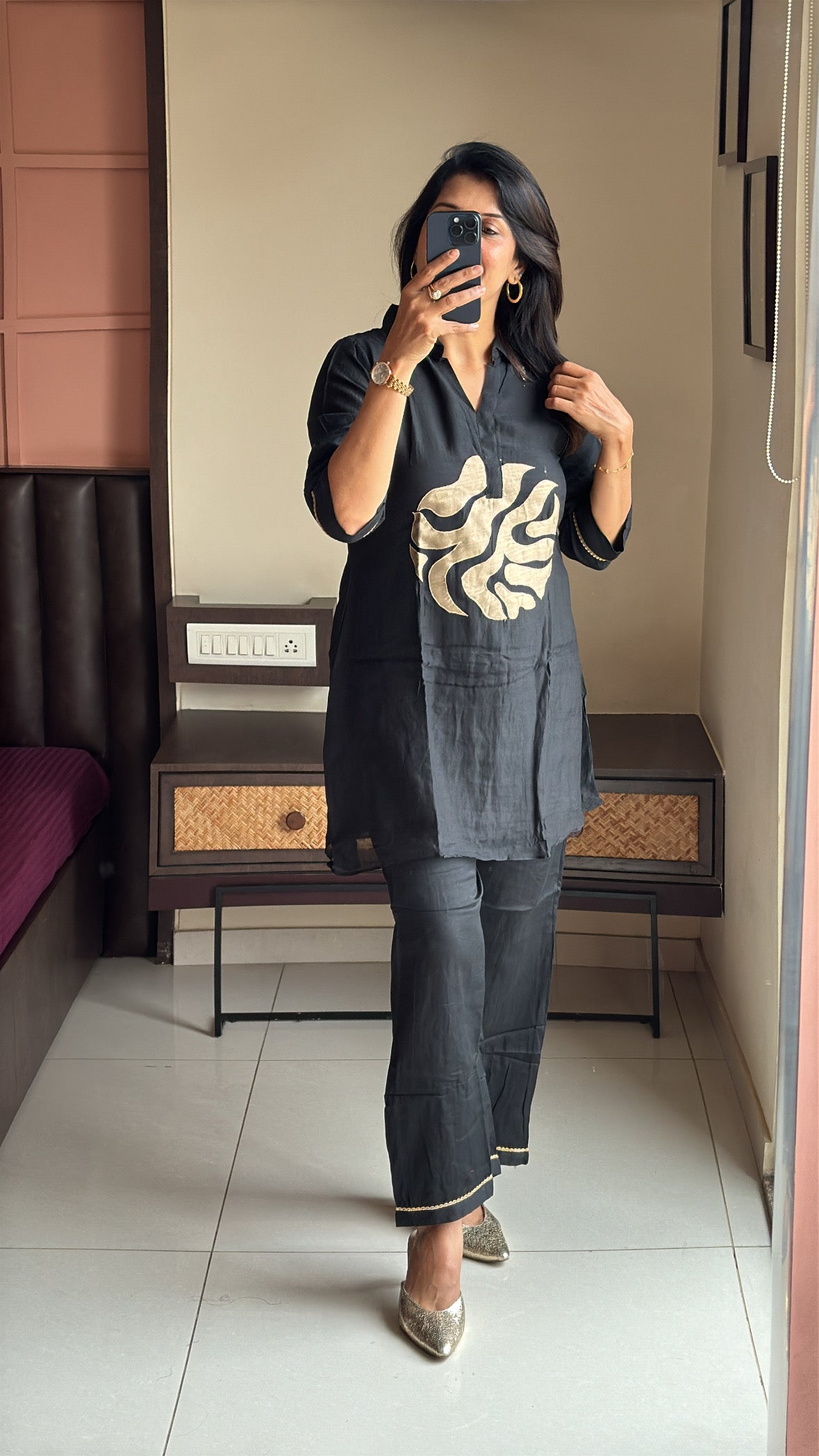 Black Collared Top with Pant Co-Ord Set | Appliqué Work | Soft Mul Chanderi
