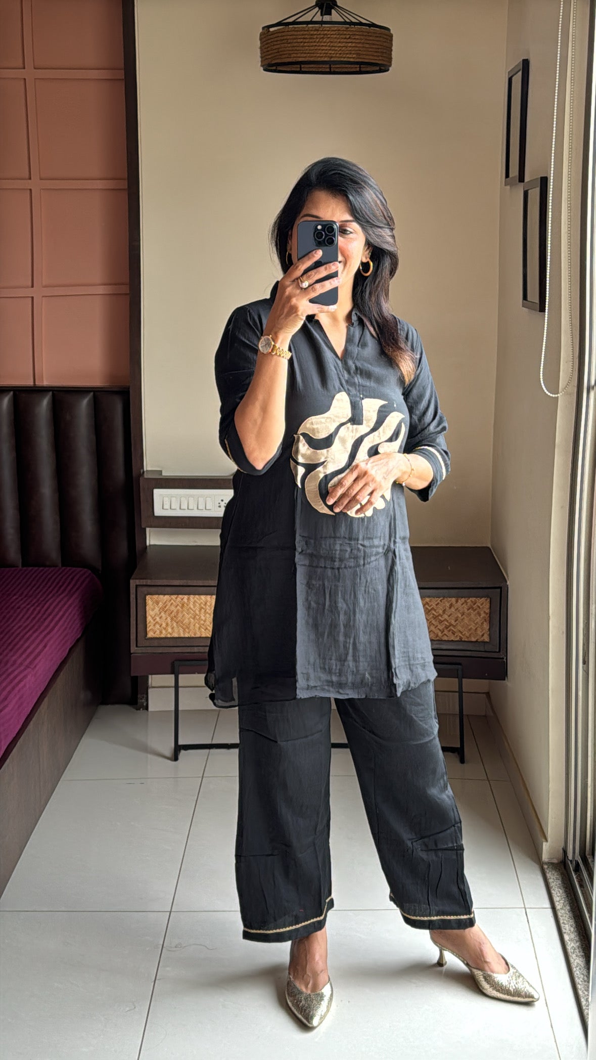 Black Collared Top with Pant Co-Ord Set | Appliqué Work | Soft Mul Chanderi