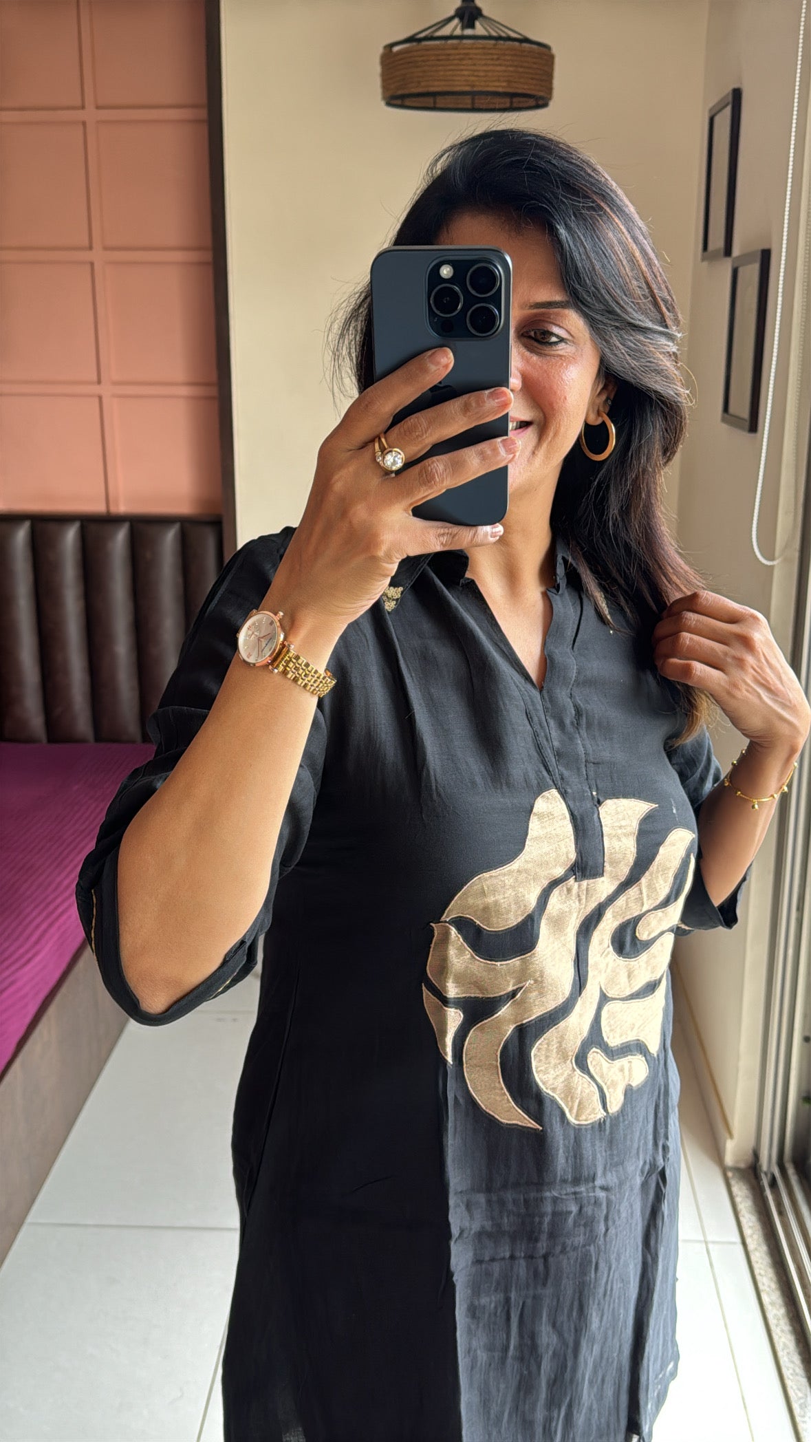 Black Collared Top with Pant Co-Ord Set | Appliqué Work | Soft Mul Chanderi